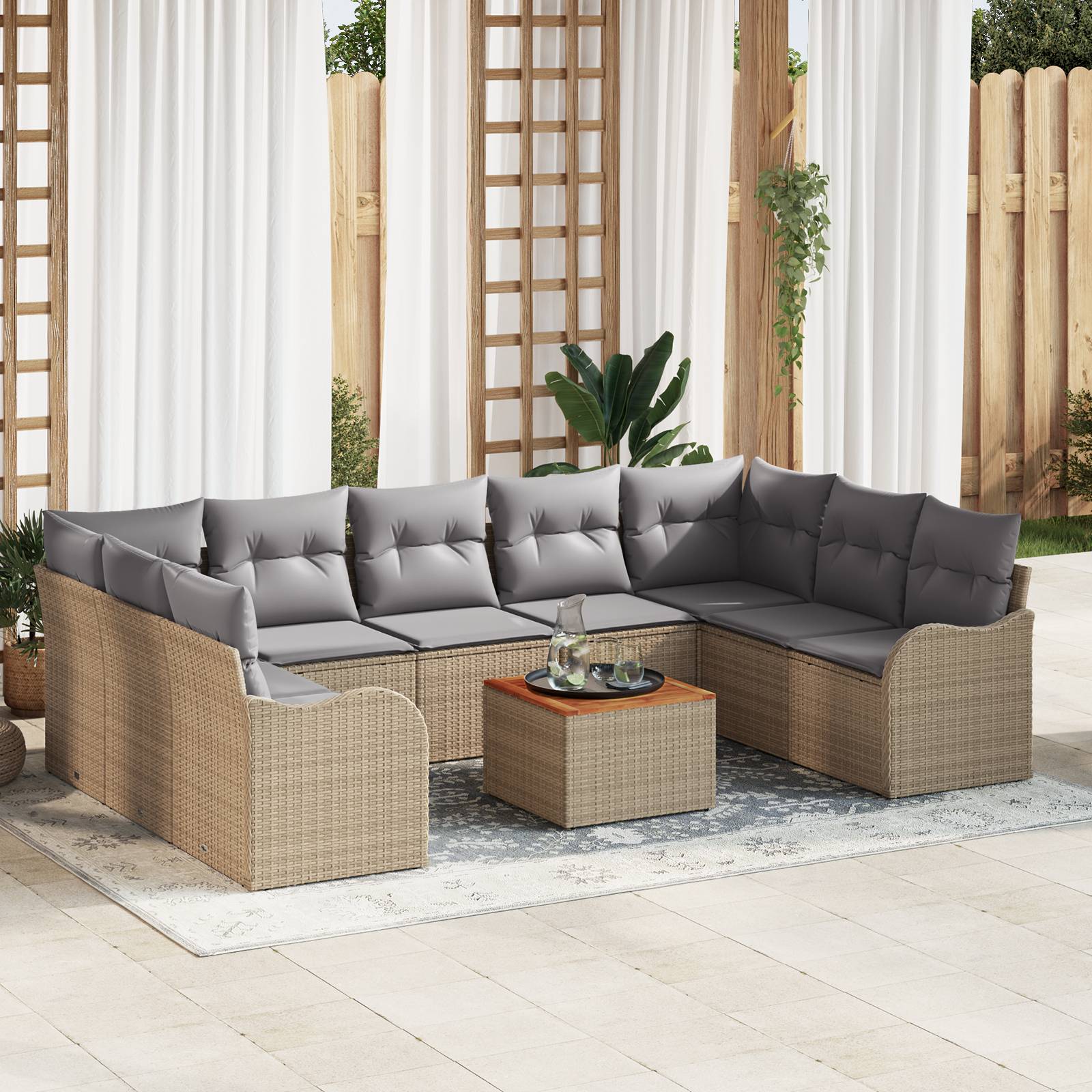 vidaXL 10-teiliges Garten Sofa Set mit Kissen Beige Poly Rattan Akazie