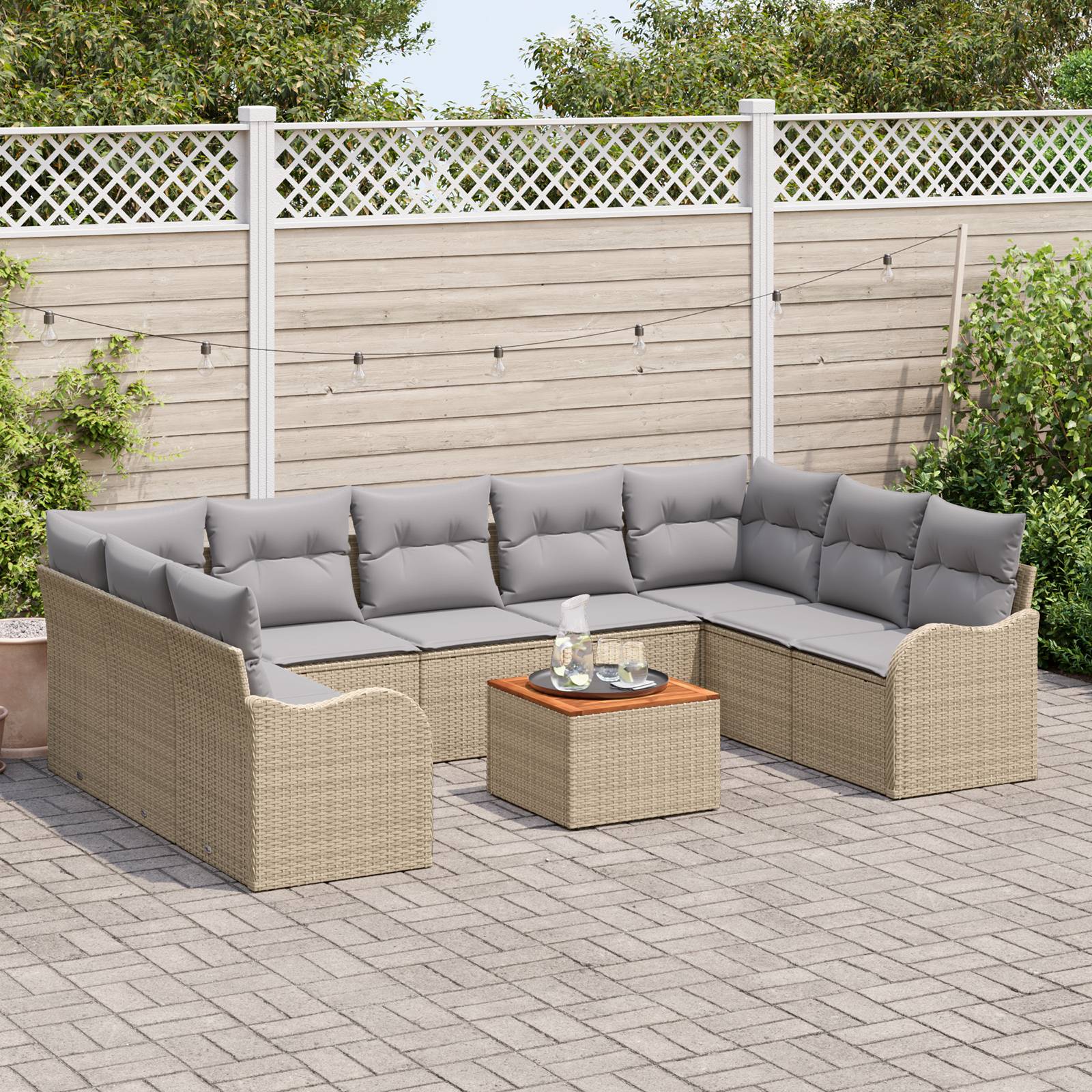 vidaXL 10-teiliges Garten Sofa Set mit Kissen Beige Poly Rattan Akazie