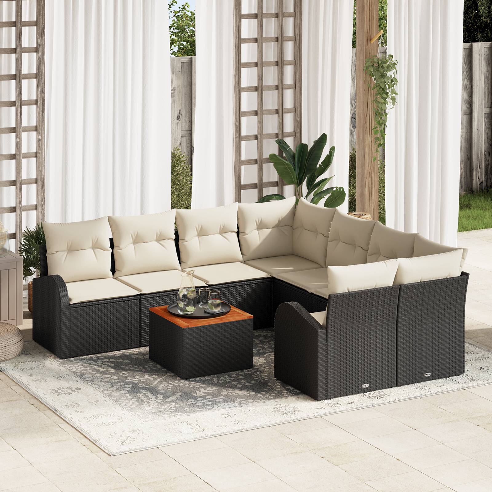 vidaXL 9-teiliges Garten Sofa Set mit Kissen Schwarz Poly-Rattan Akazie