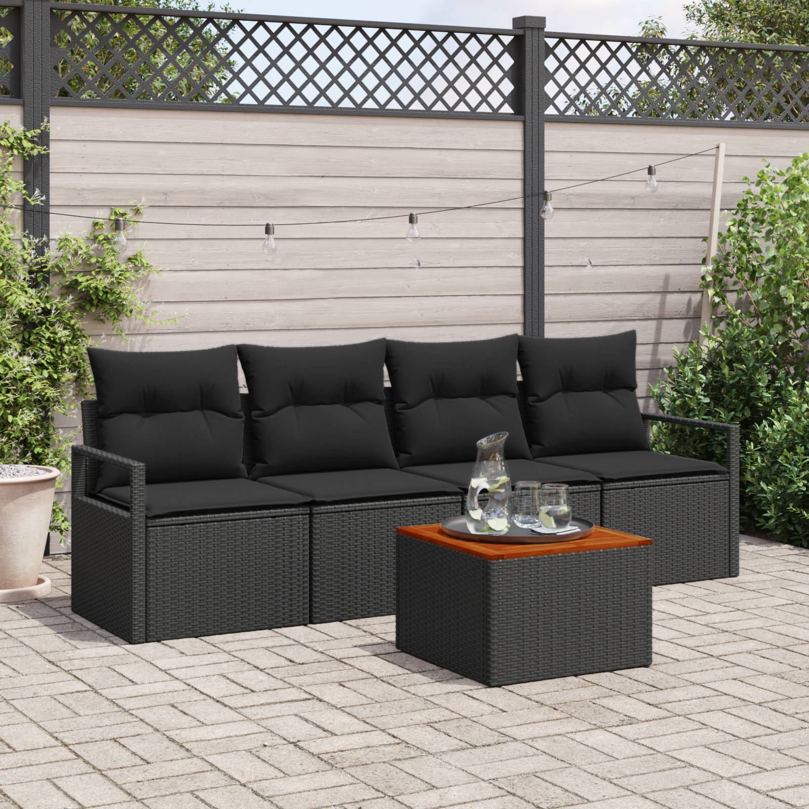 vidaXL 5-teiliges Garten Sofa Set mit Kissen Schwarz Poly Rattan Akazie