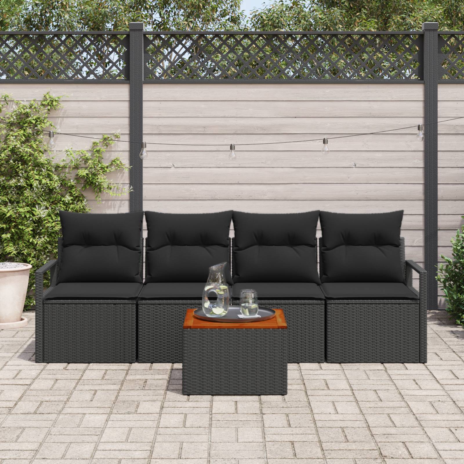 vidaXL 5-teiliges Garten Sofa Set mit Kissen Schwarz Poly Rattan Akazie
