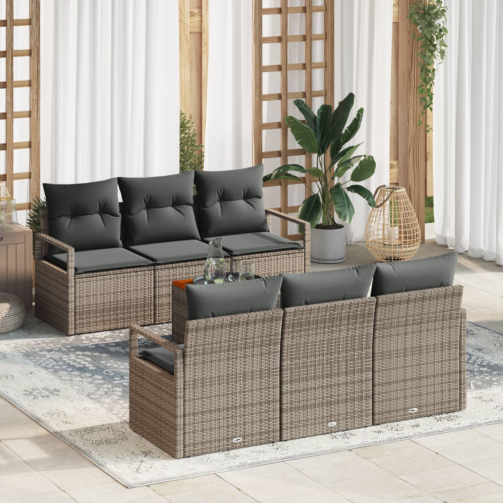 vidaXL 7-teilige Gartensofagarnitur mit Kissen Grau Poly Rattan Akazie
