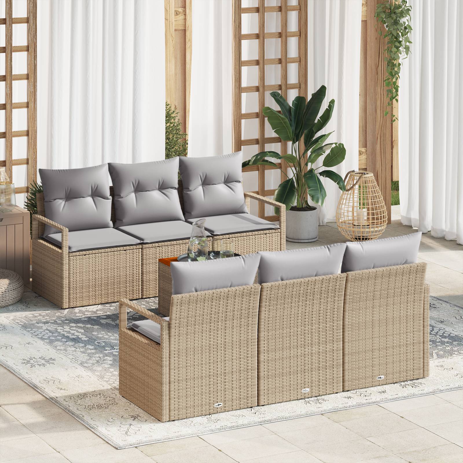 vidaXL 7-teiliges Garten Sofa Set mit Kissen Beige Poly Rattan Akazie