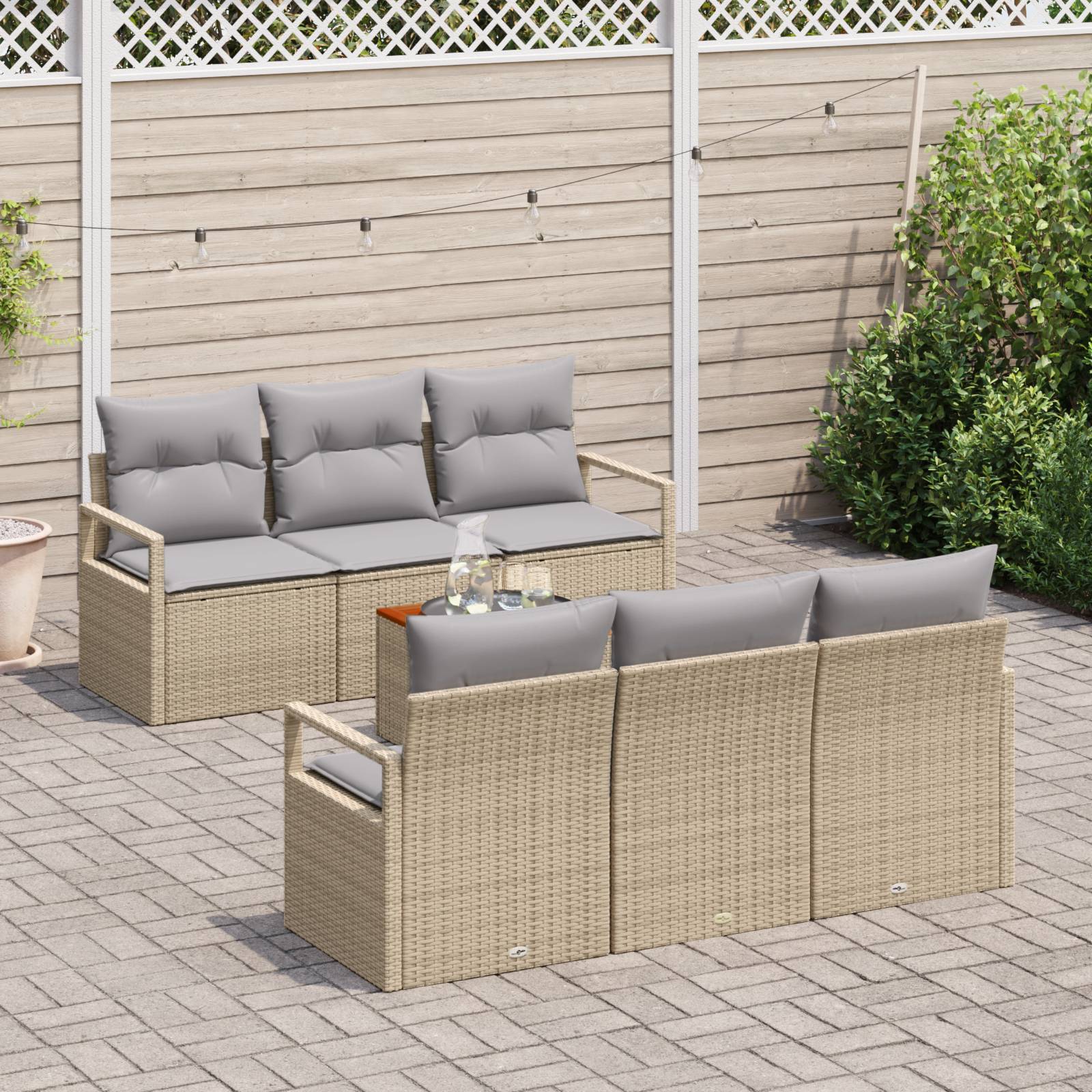 vidaXL 7-teiliges Garten Sofa Set mit Kissen Beige Poly Rattan Akazie