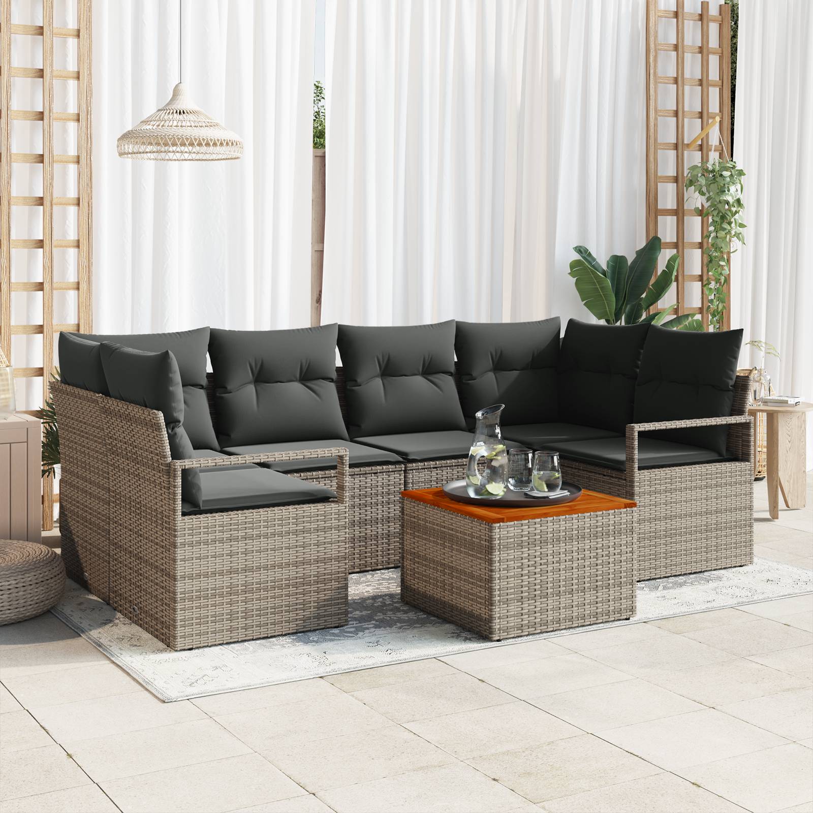 vidaXL 7-tlg. Garten-Sofagarnitur mit Kissen Grau Poly Rattan Akazie