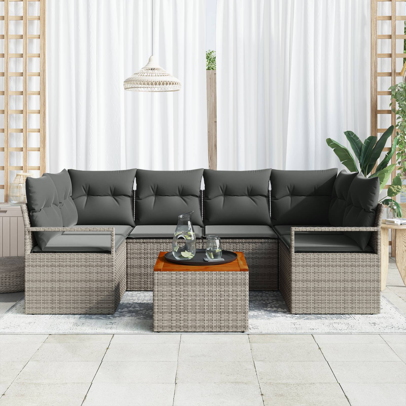 vidaXL 7-tlg. Garten-Sofagarnitur mit Kissen Grau Poly Rattan Akazie