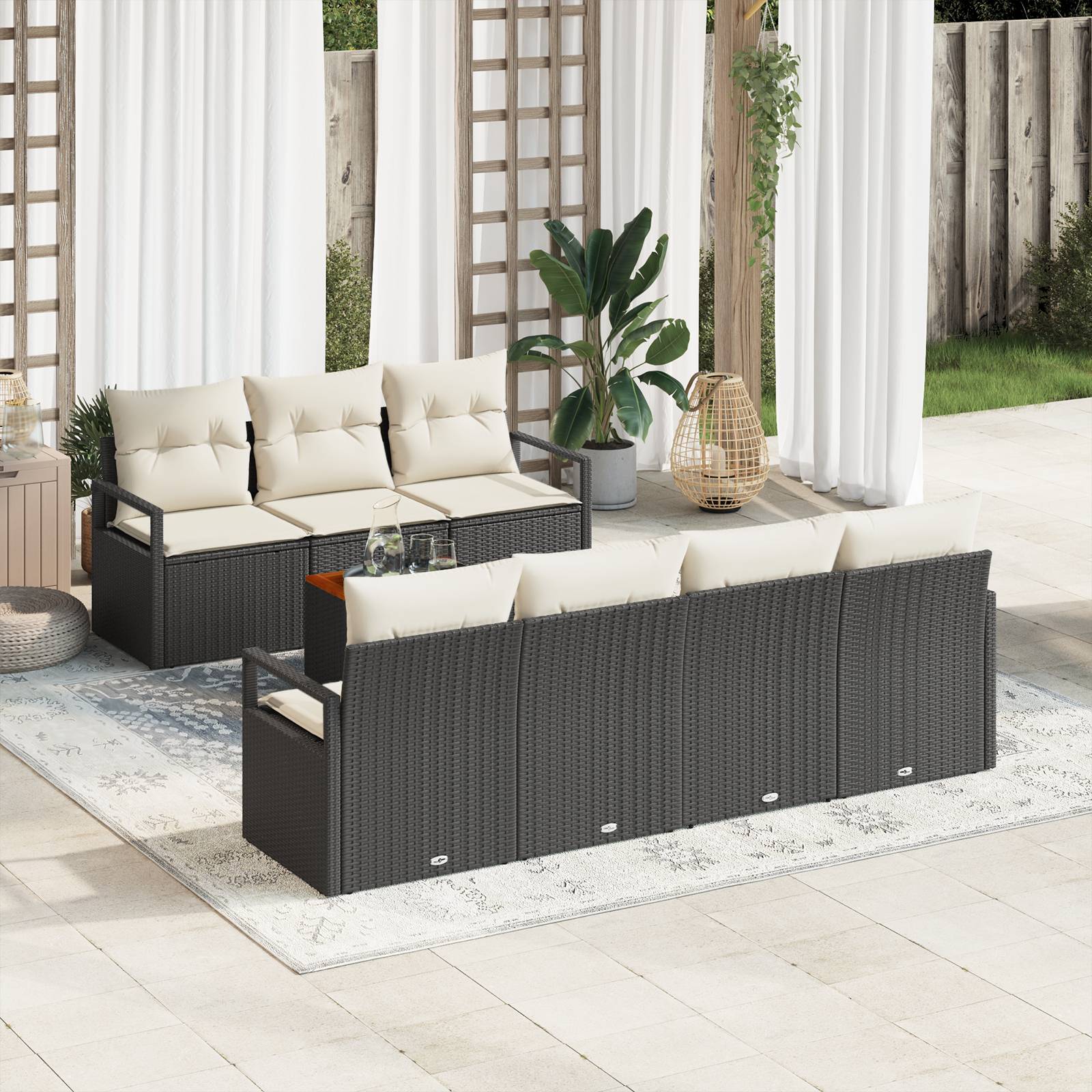 vidaXL 8-teiliges Garten-Sofa-Set mit Kissen in Schwarz aus Poly-Rattan und Akazie