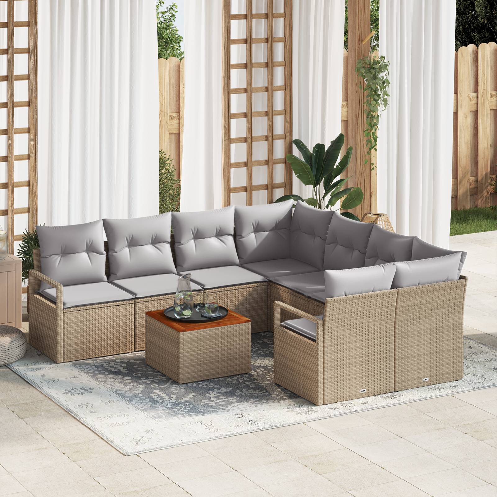 vidaXL 9-teiliges Garten Sofa Set mit Kissen Beige Poly Rattan Akazie