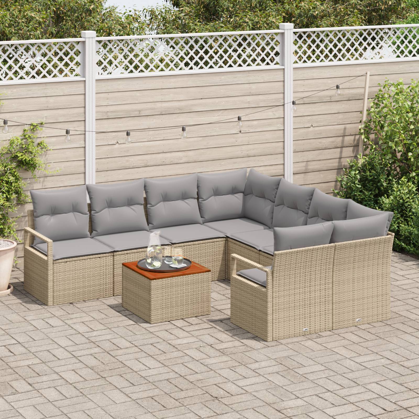 vidaXL 9-teiliges Garten Sofa Set mit Kissen Beige Poly Rattan Akazie