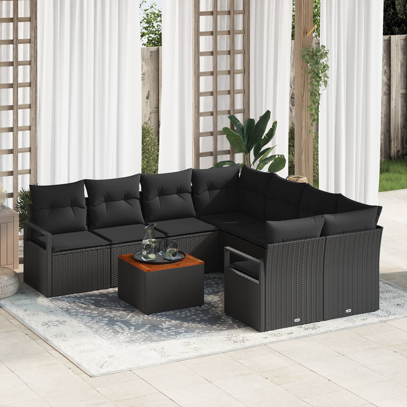 vidaXL 9-teiliges Garten-Sofa-Set mit Kissen Schwarz Poly-Rattan Akazie
