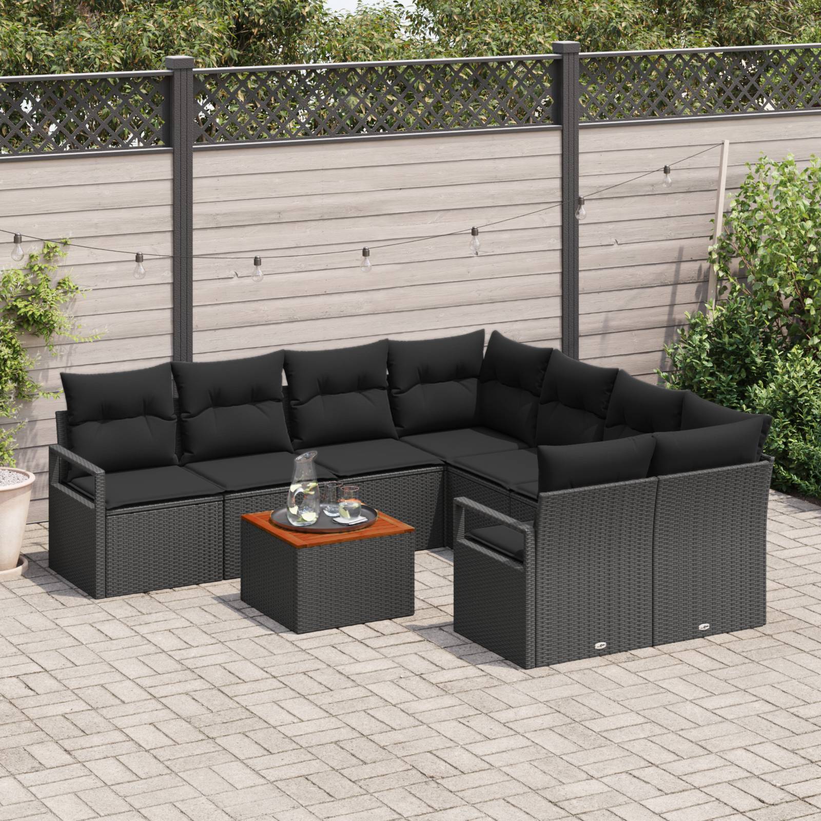 vidaXL 9-teiliges Garten-Sofa-Set mit Kissen Schwarz Poly-Rattan Akazie