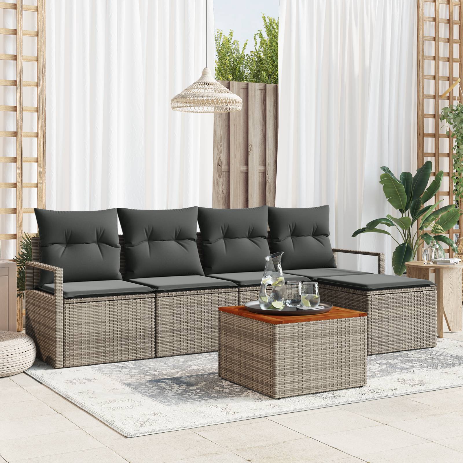 vidaXL 6-teiliges Garten Sofa Set mit Kissen Grau Poly Rattan Akazie