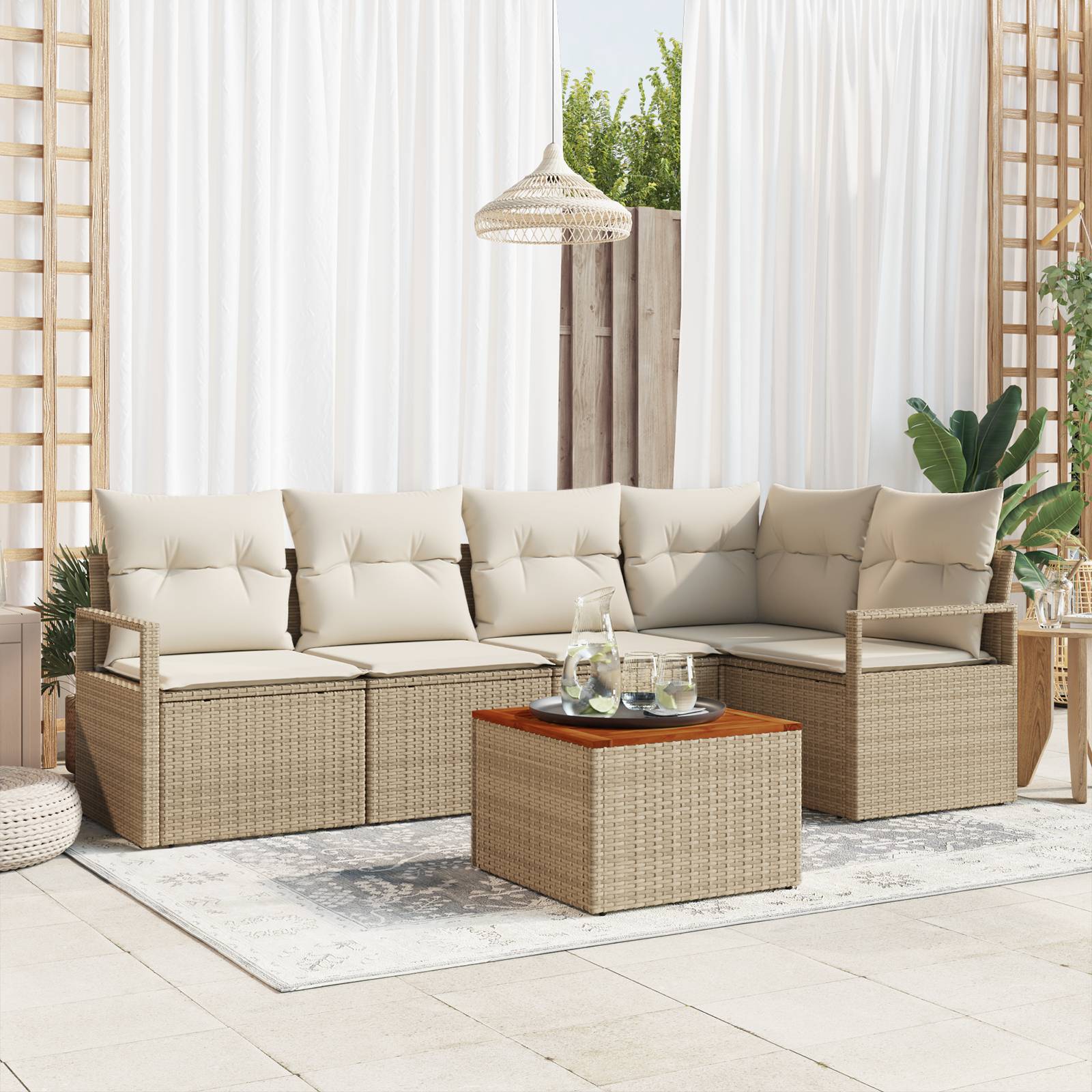 vidaXL 6-teiliges Garten Sofa Set mit Kissen Beige Poly Rattan Akazie