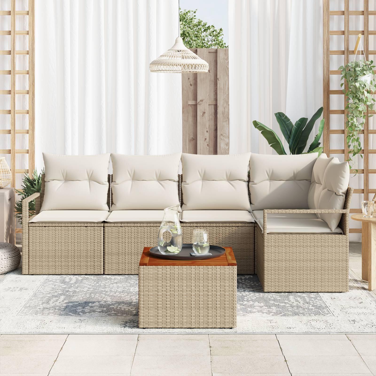 vidaXL 6-teiliges Garten Sofa Set mit Kissen Beige Poly Rattan Akazie