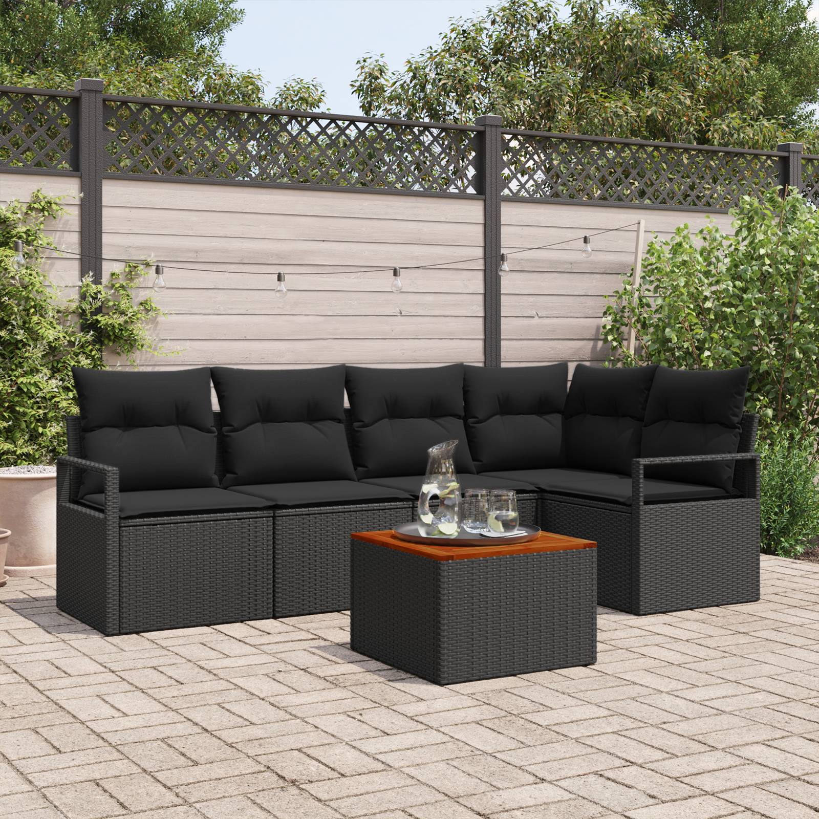 vidaXL 6-teiliges Garten-Sofa-Set mit Kissen Schwarz Poly-Rattan Akazie