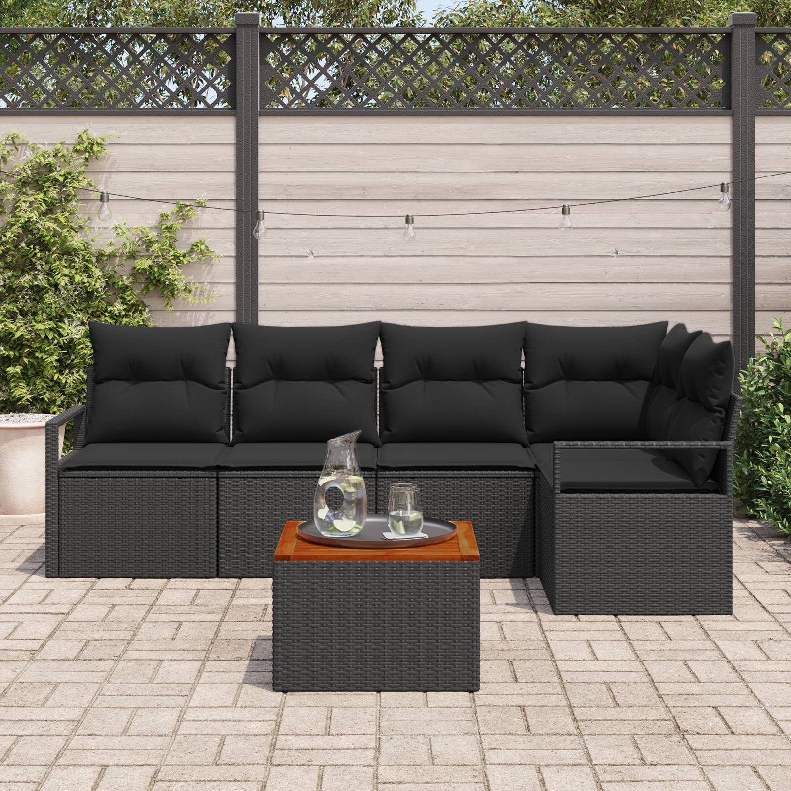 vidaXL 6-teiliges Garten-Sofa-Set mit Kissen Schwarz Poly-Rattan Akazie