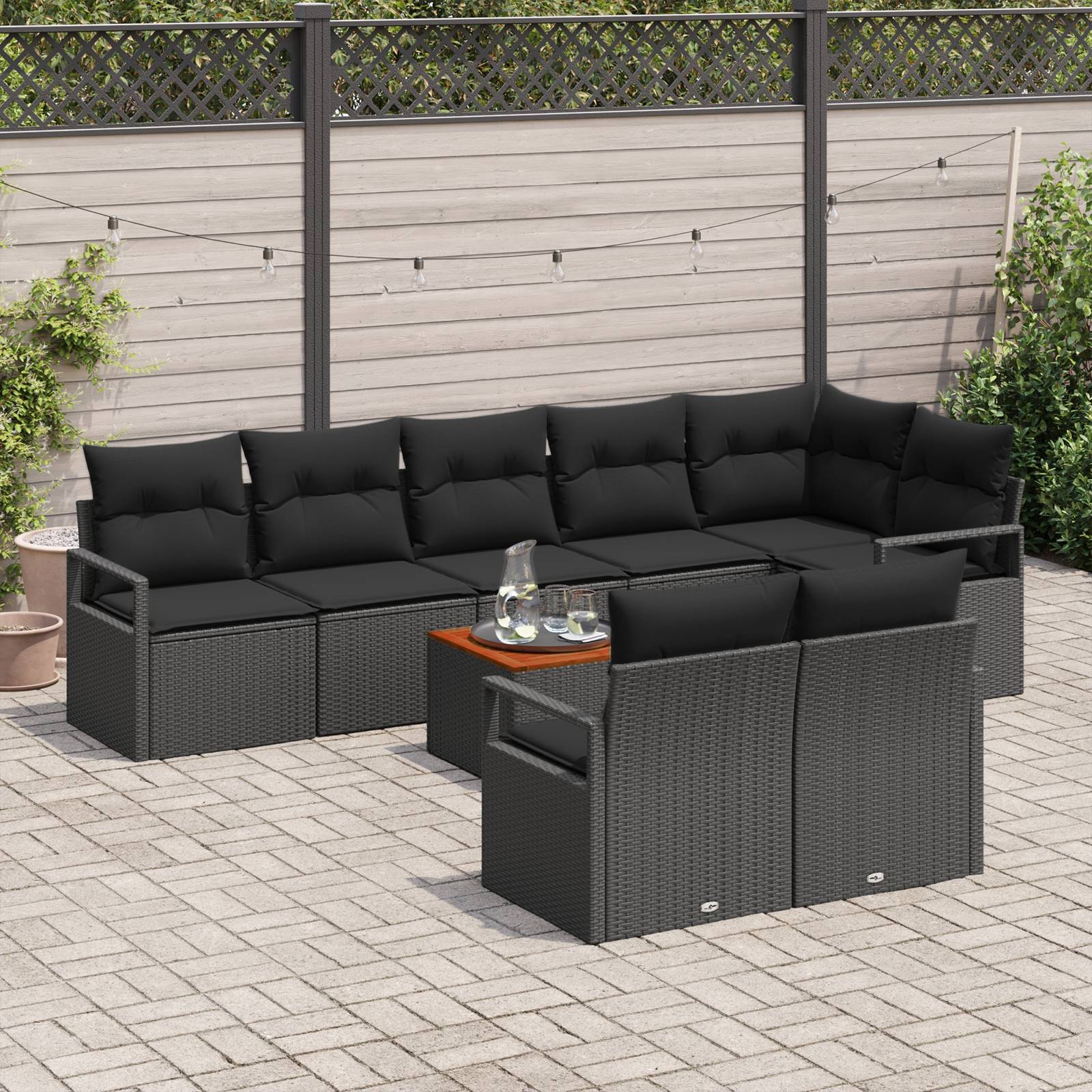 vidaXL 9-Teiliges Garten Sofa Set mit Kissen Schwarz Poly Rattan Akazie