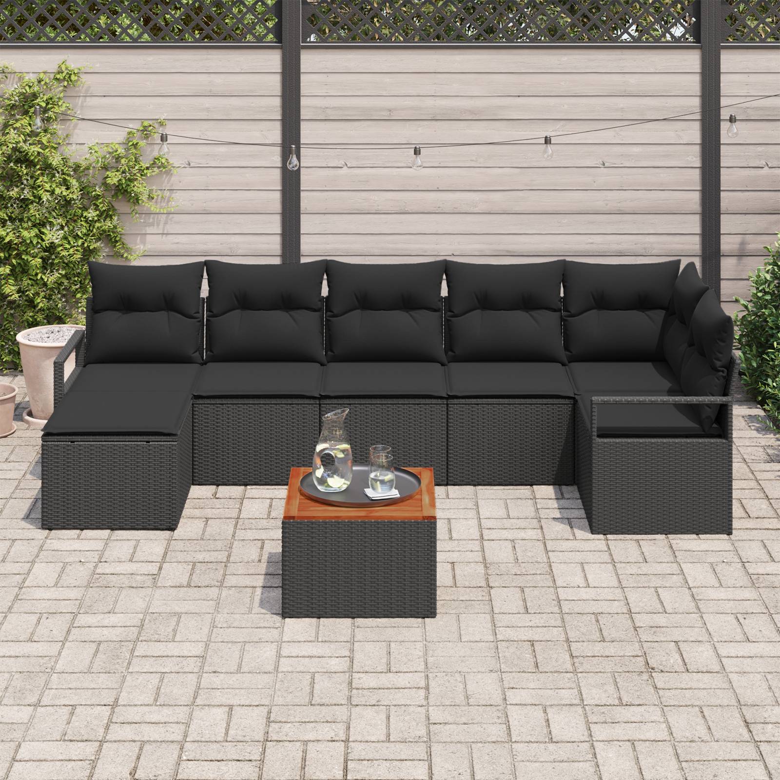 vidaXL 8-teiliges Garten-Sofa-Set mit Kissen Schwarz Poly-Rattan Akazie