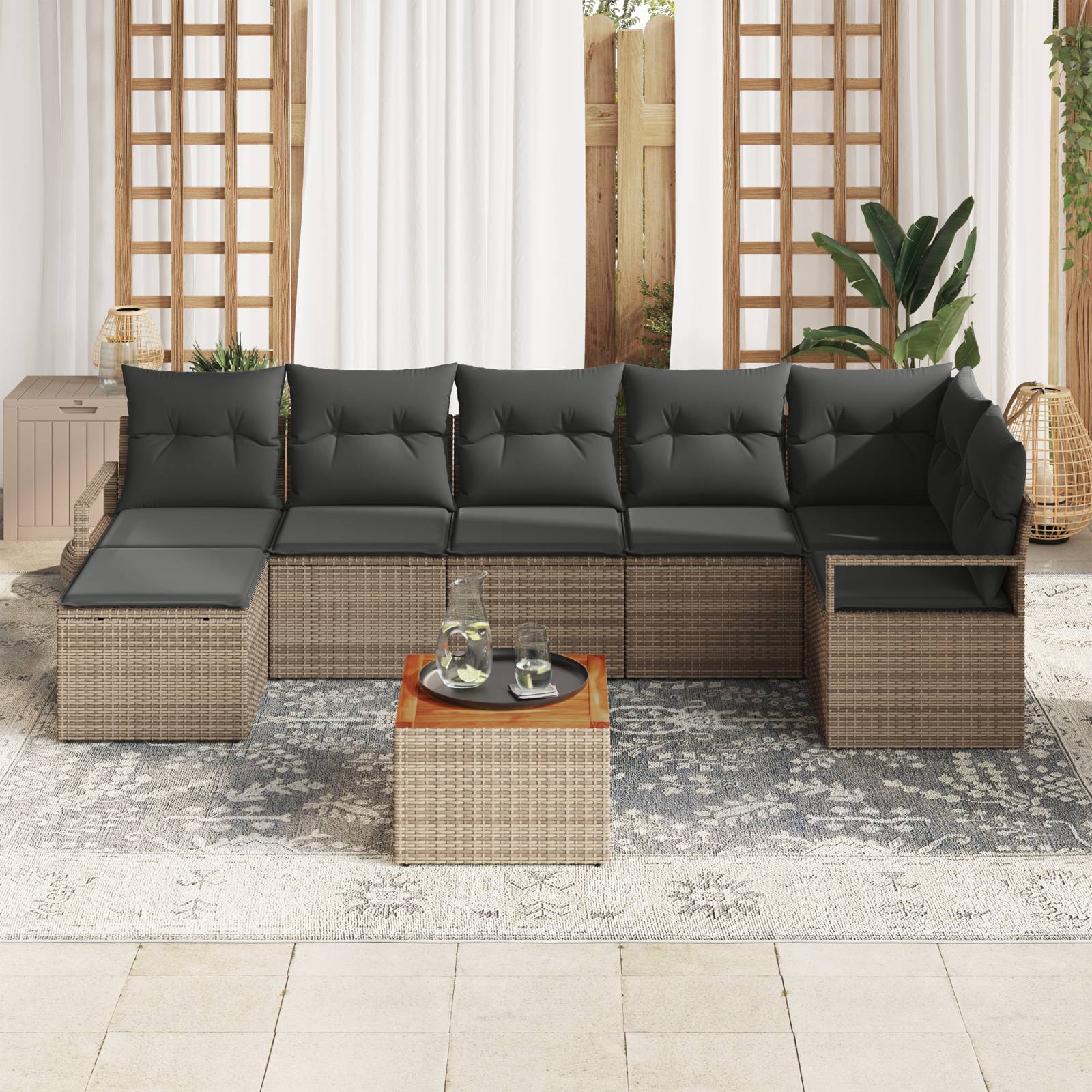 vidaXL 9-teiliges Garten-Sofa-Set mit Kissen Grau Poly Rattan Akazie