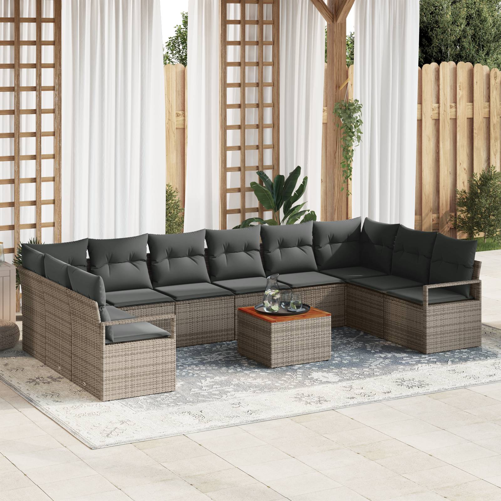 vidaXL 11-teiliges Garten Sofa Set mit Kissen Grau Poly Rattan Akazie