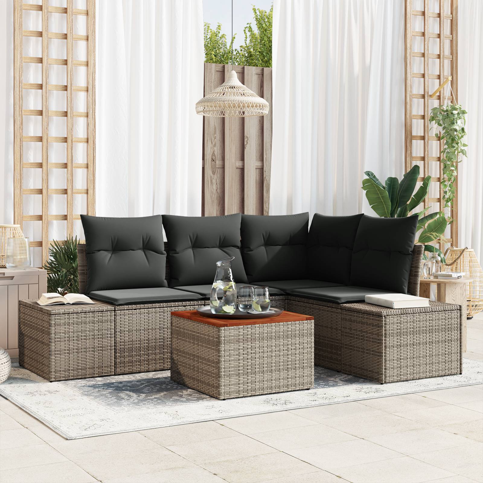 vidaXL 5-teiliges Garten Sofa Set mit Kissen Grau Poly Rattan Akazie