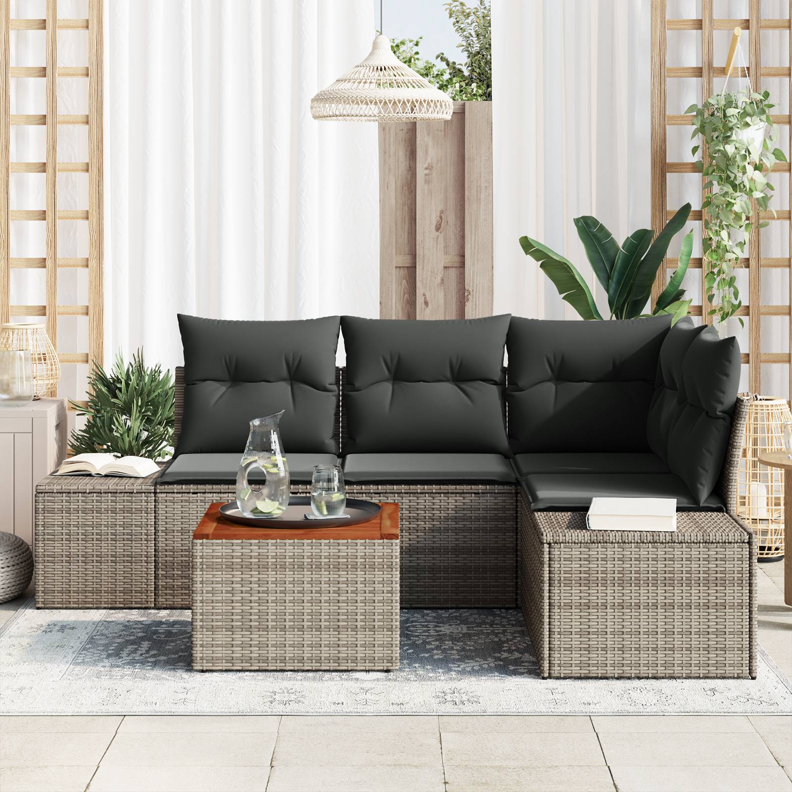 vidaXL 5-teiliges Garten Sofa Set mit Kissen Grau Poly Rattan Akazie
