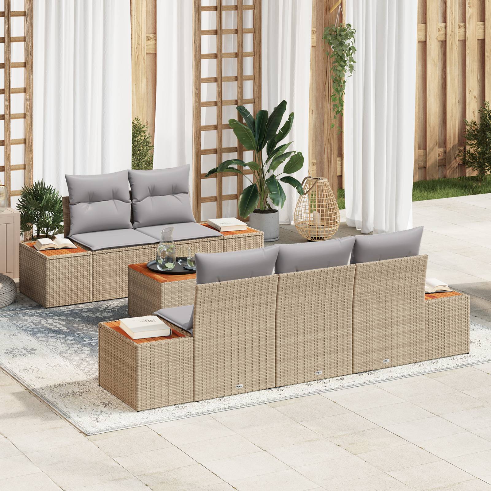 vidaXL 6-teilige Garten Sofaset mit Kissen Beige Poly Rattan Akazie