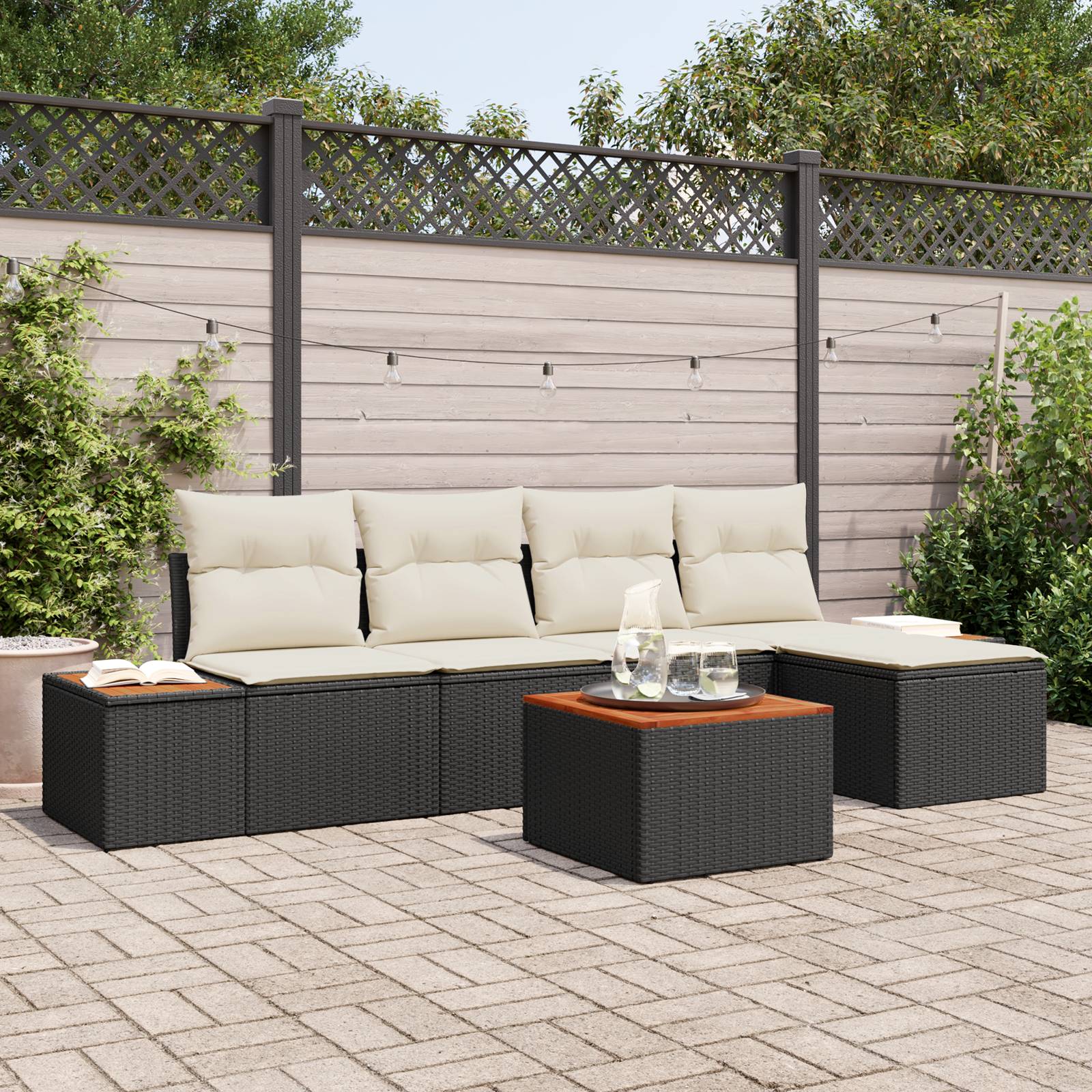 vidaXL 6-teiliges Garten-Sofa-Set mit Kissen Schwarz Poly-Rattan Akazie