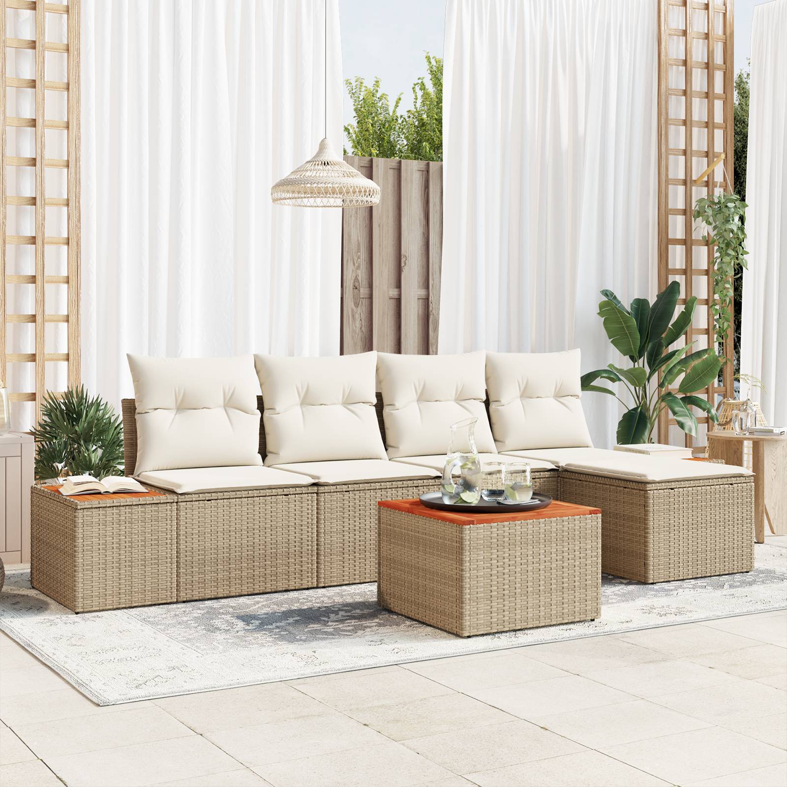 vidaXL 6-teiliges Garten Sofa Set mit Kissen Beige Poly Rattan Akazie