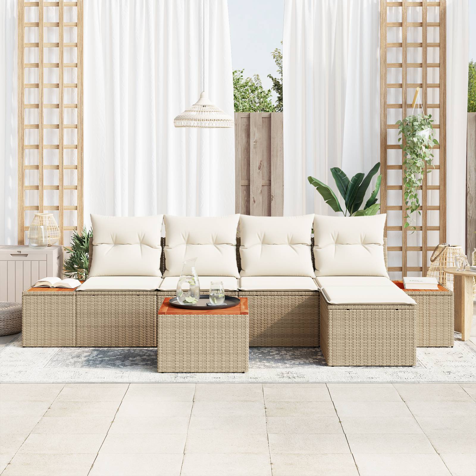 vidaXL 6-teiliges Garten Sofa Set mit Kissen Beige Poly Rattan Akazie