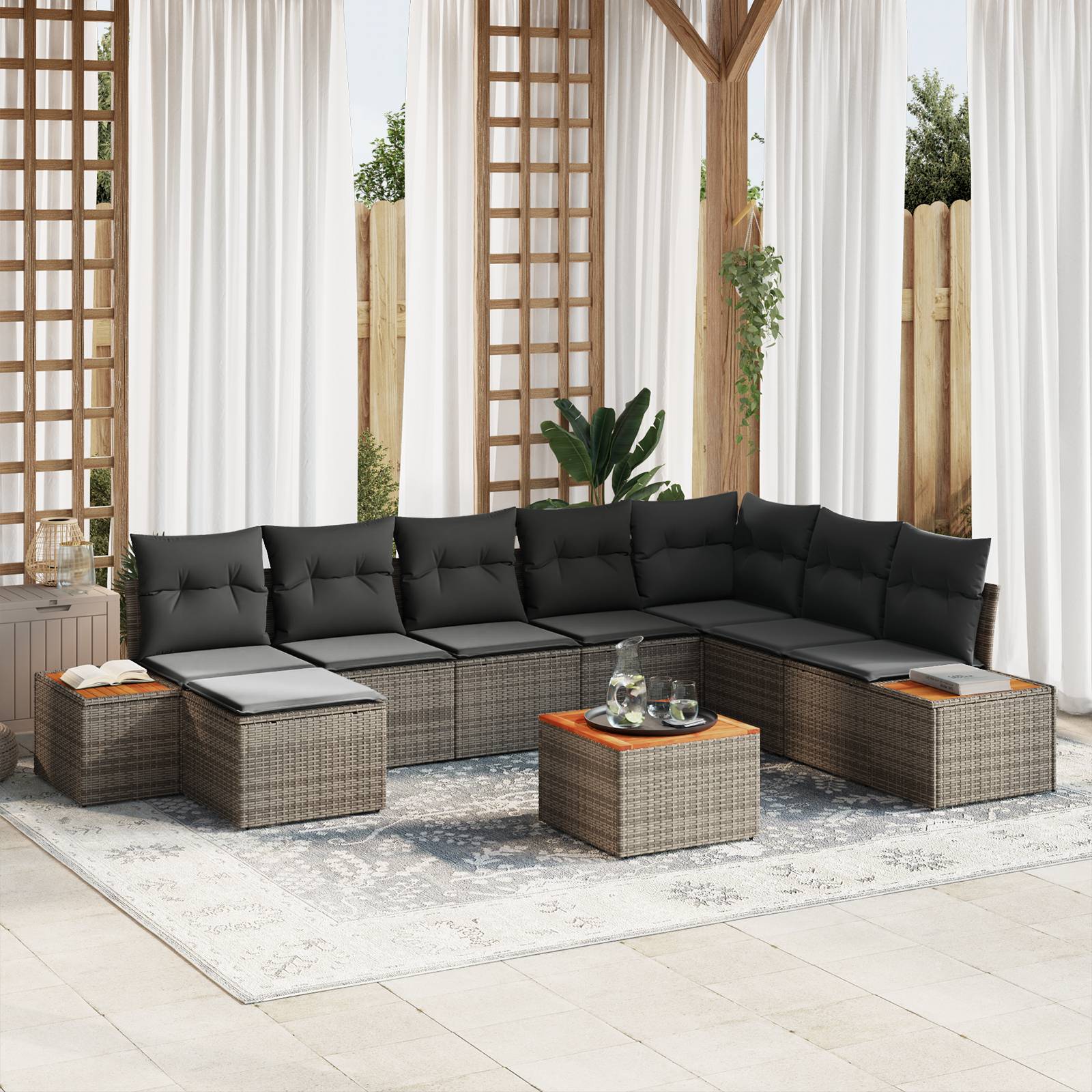 vidaXL 9-teiliges Garten-Sofa-Set mit Kissen Grau Poly-Rattan Akazie
