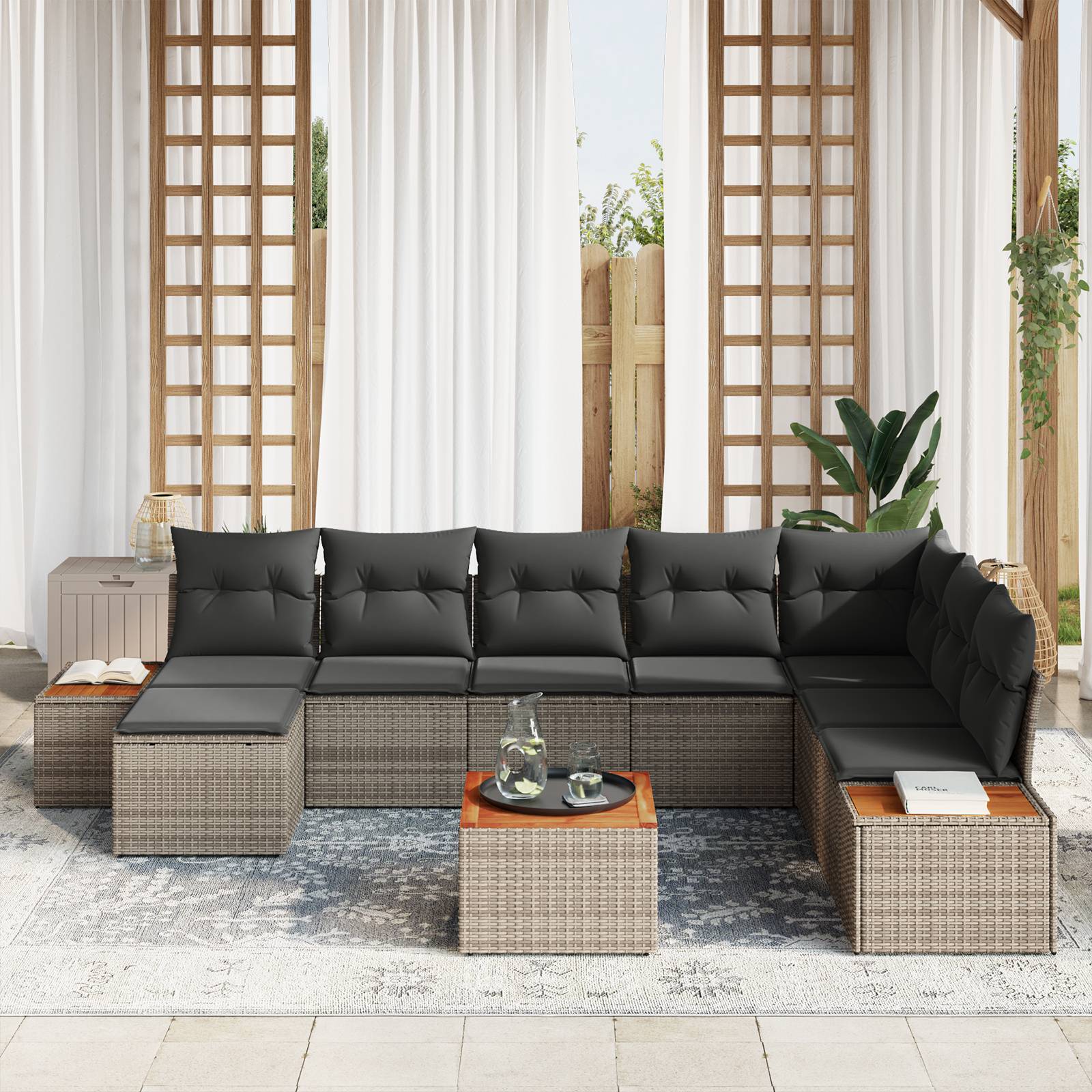 vidaXL 9-teiliges Garten-Sofa-Set mit Kissen Grau Poly-Rattan Akazie