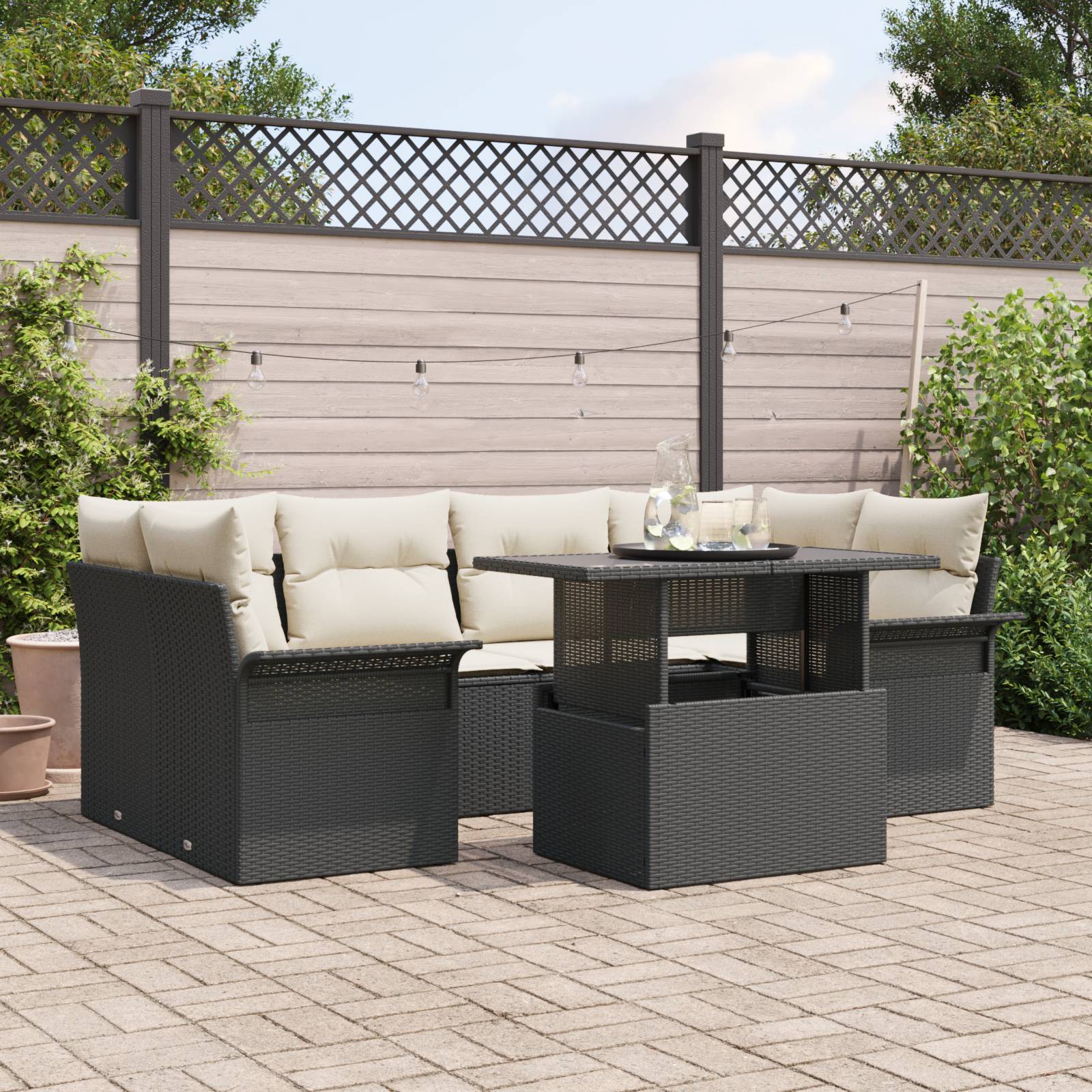 vidaXL 7-tlg. Garten-Sofagarnitur mit Kissen Schwarz Poly Rattan