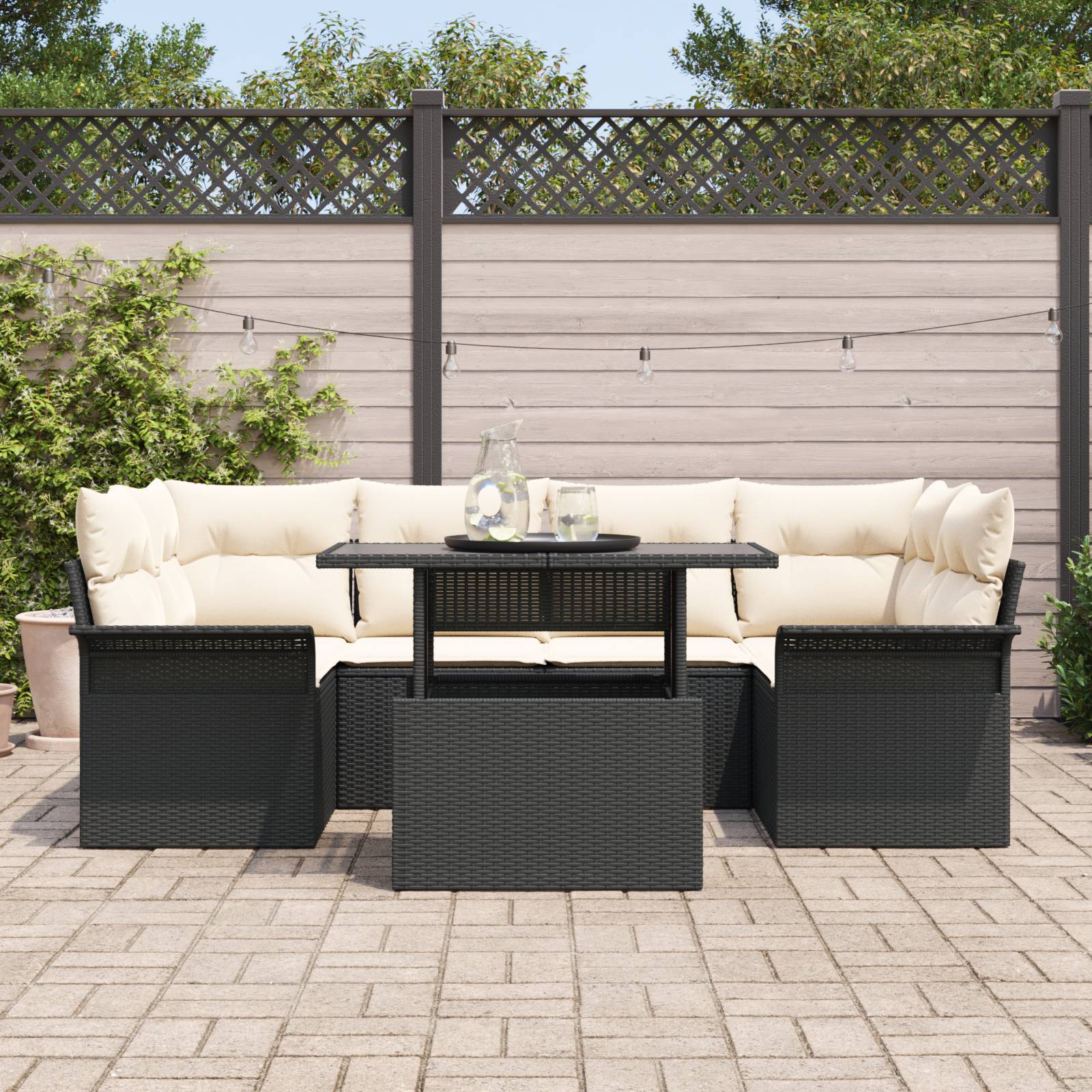vidaXL 7-tlg. Garten-Sofagarnitur mit Kissen Schwarz Poly Rattan