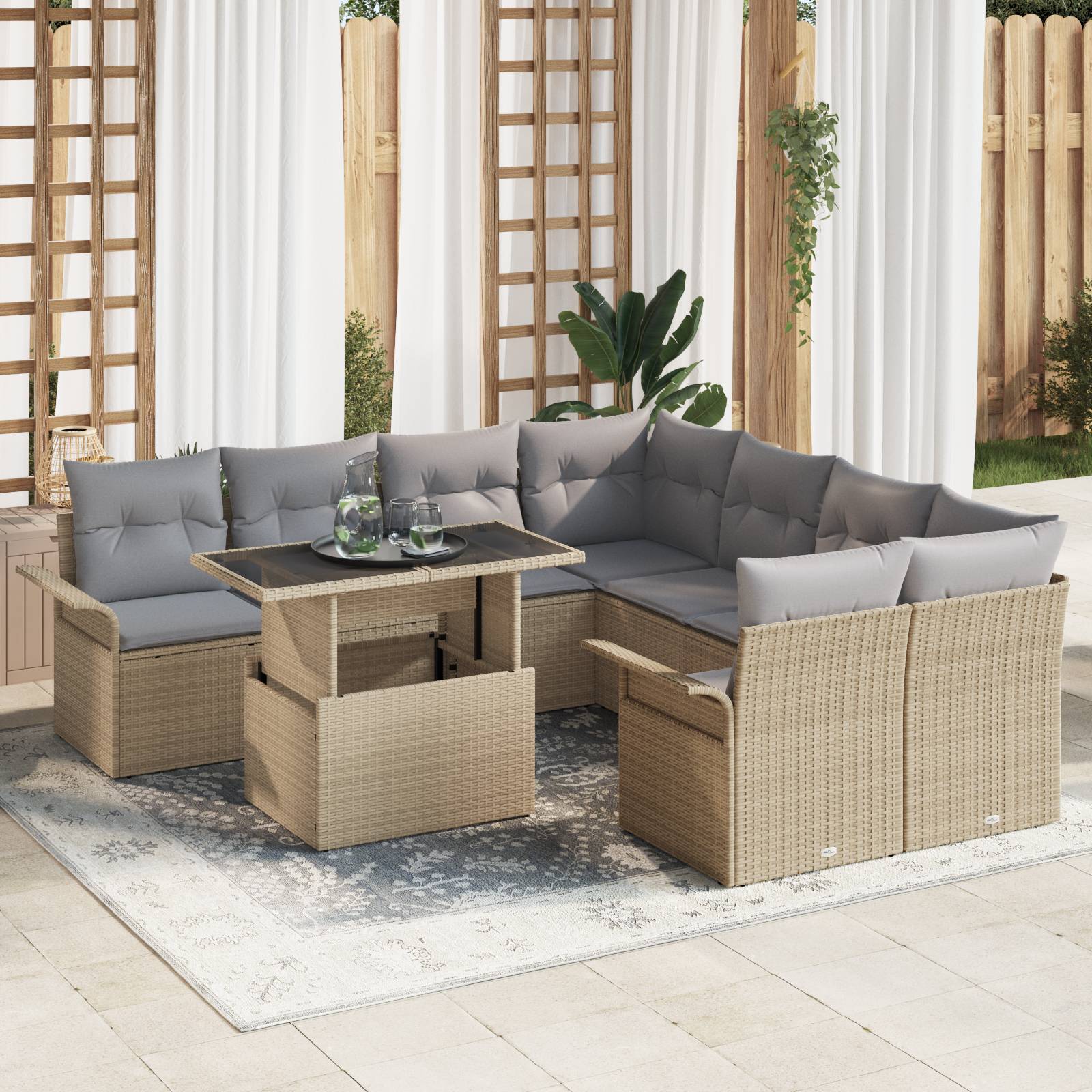 vidaXL 9-teiliges Garten Sofa Set mit Kissen Beige Poly Rattan