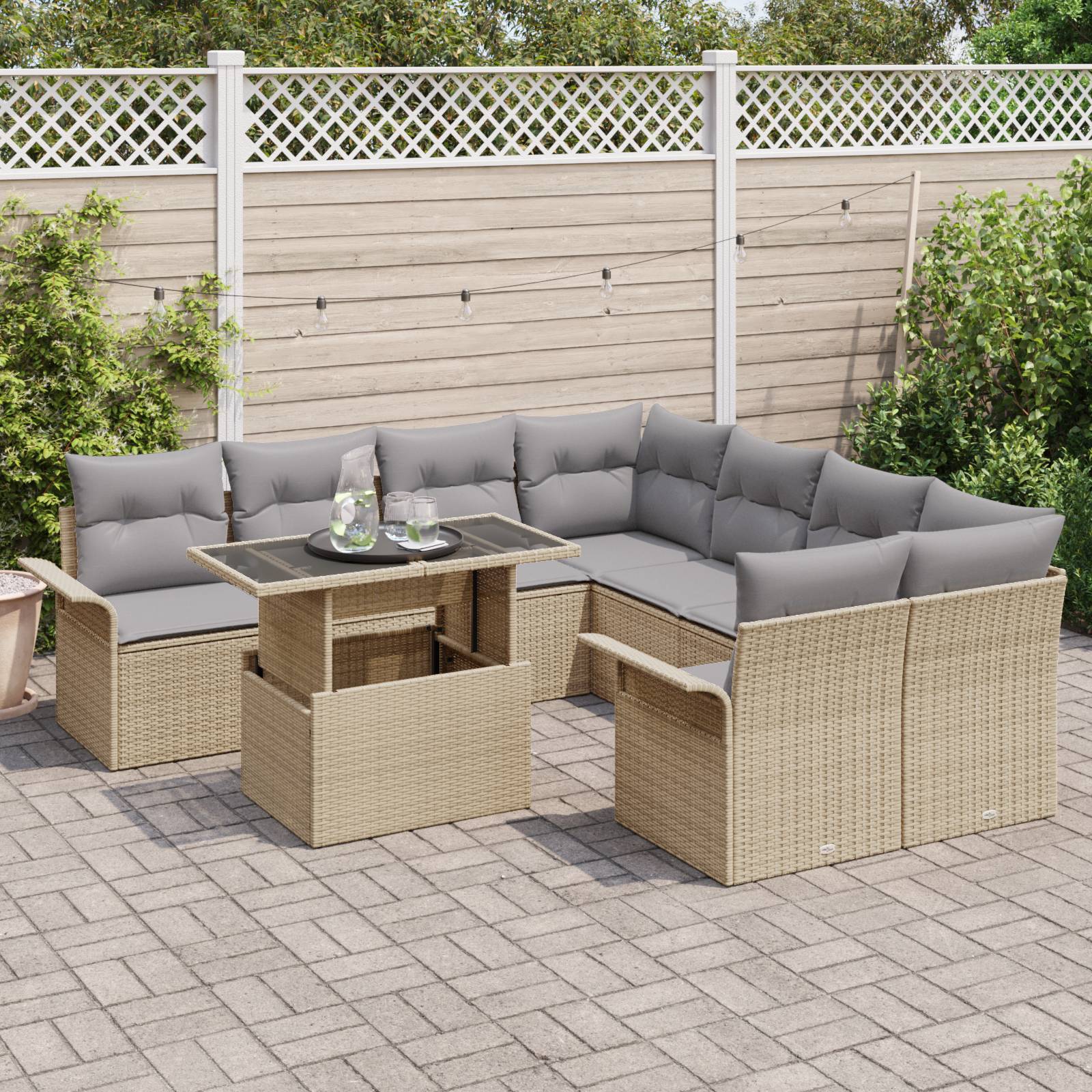 vidaXL 9-teiliges Garten Sofa Set mit Kissen Beige Poly Rattan