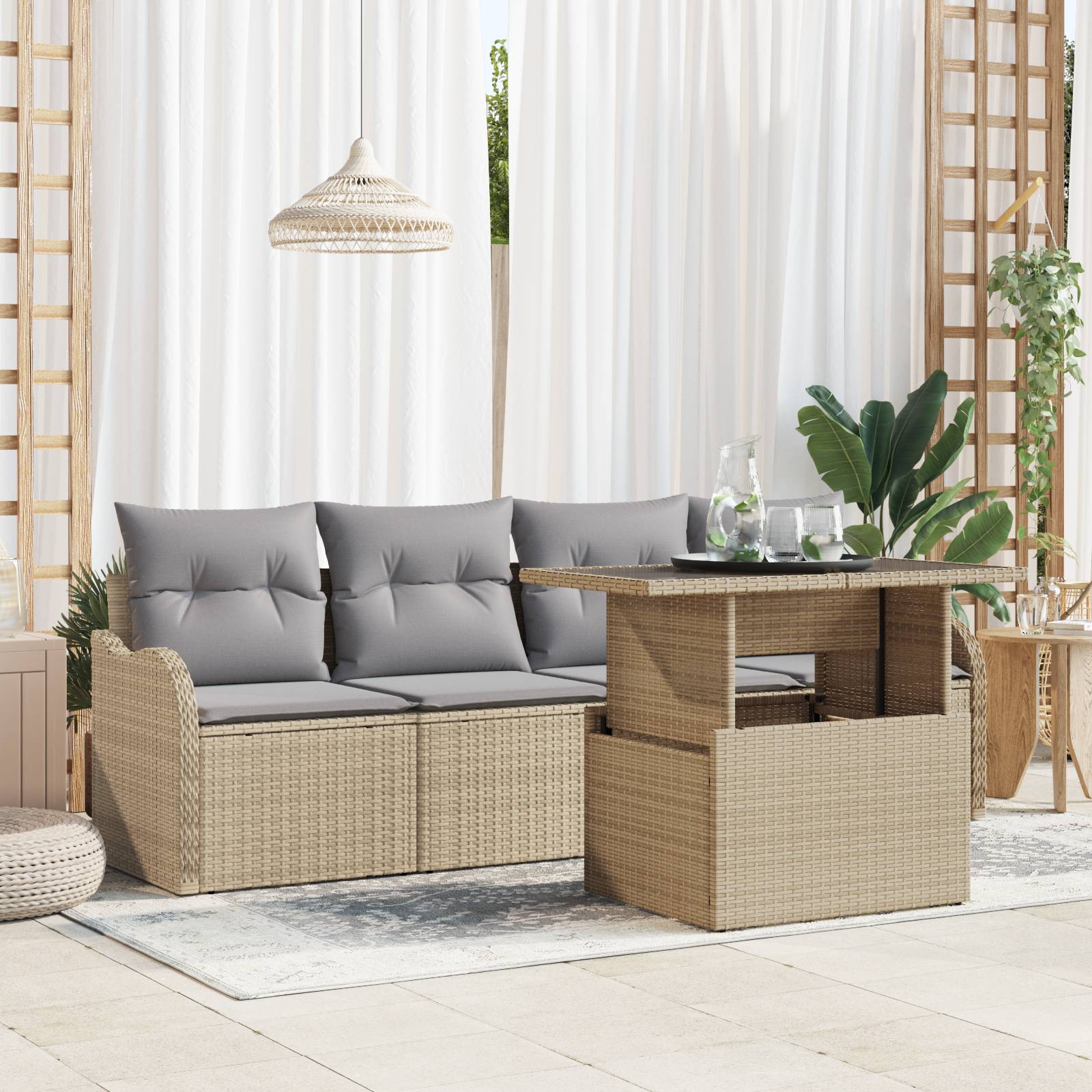 vidaXL 5-teiliges Garten Sofa Set mit Kissen Beige Poly Rattan