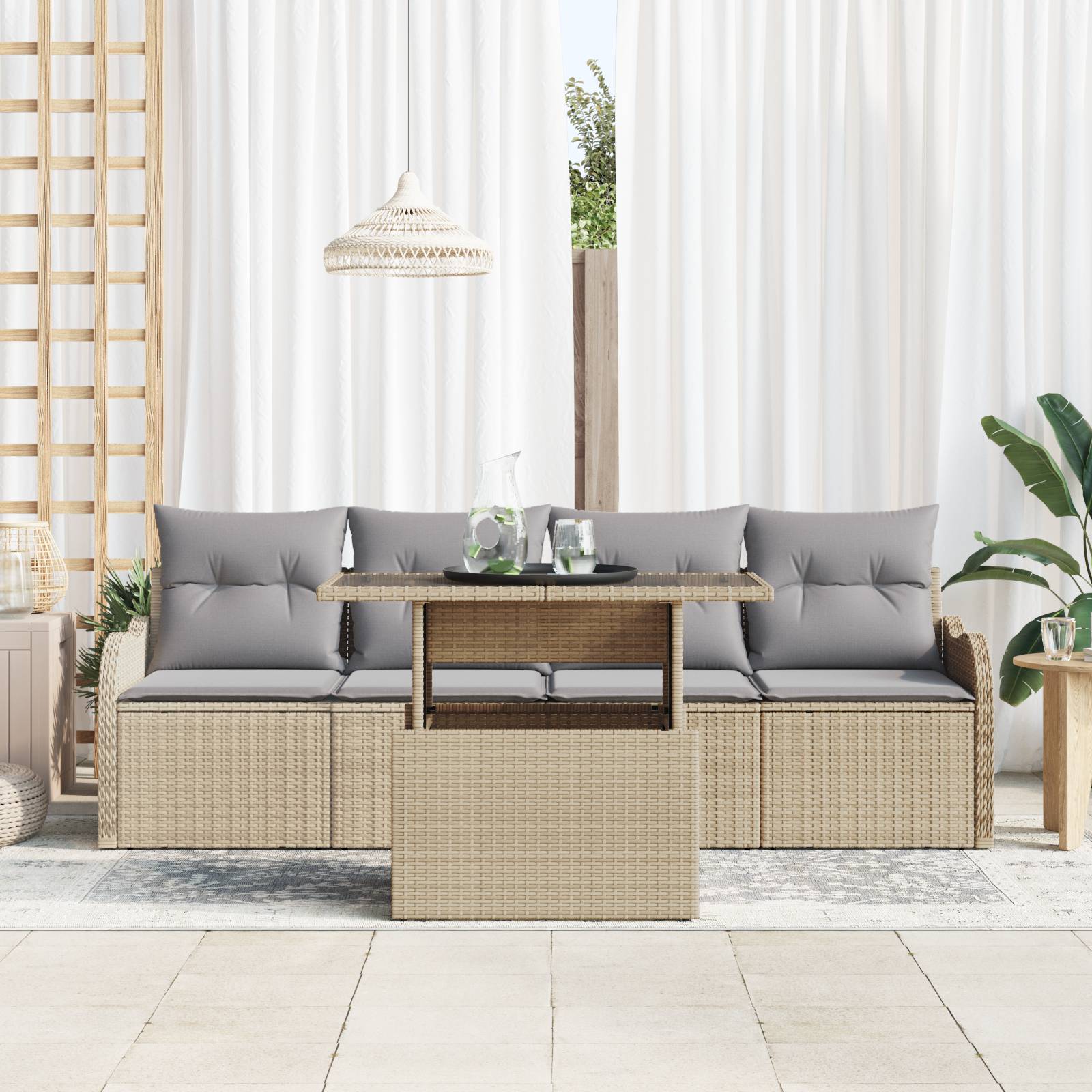vidaXL 5-teiliges Garten Sofa Set mit Kissen Beige Poly Rattan