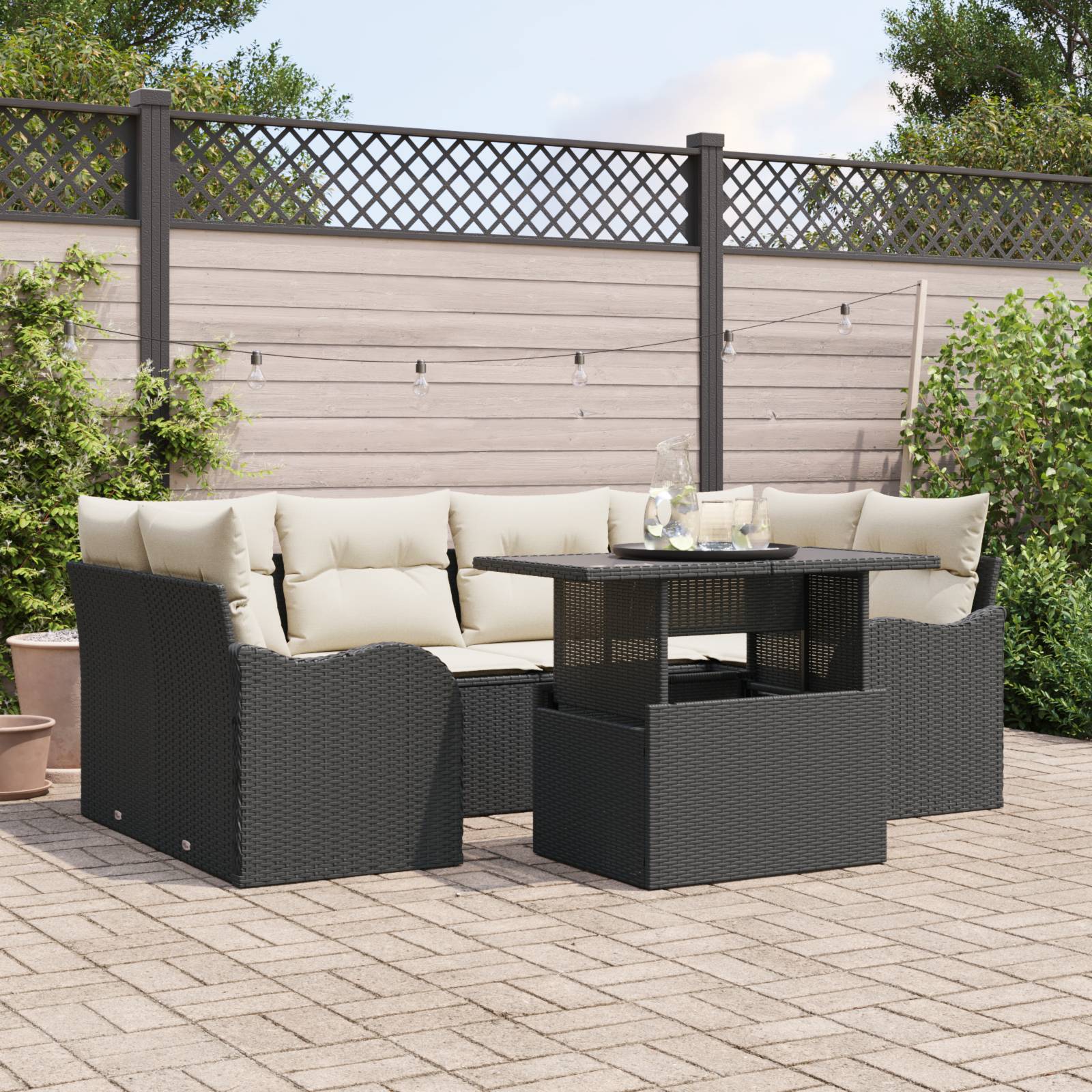 vidaXL 7-tlg. Garten-Sofagarnitur mit Kissen Schwarz Poly Rattan