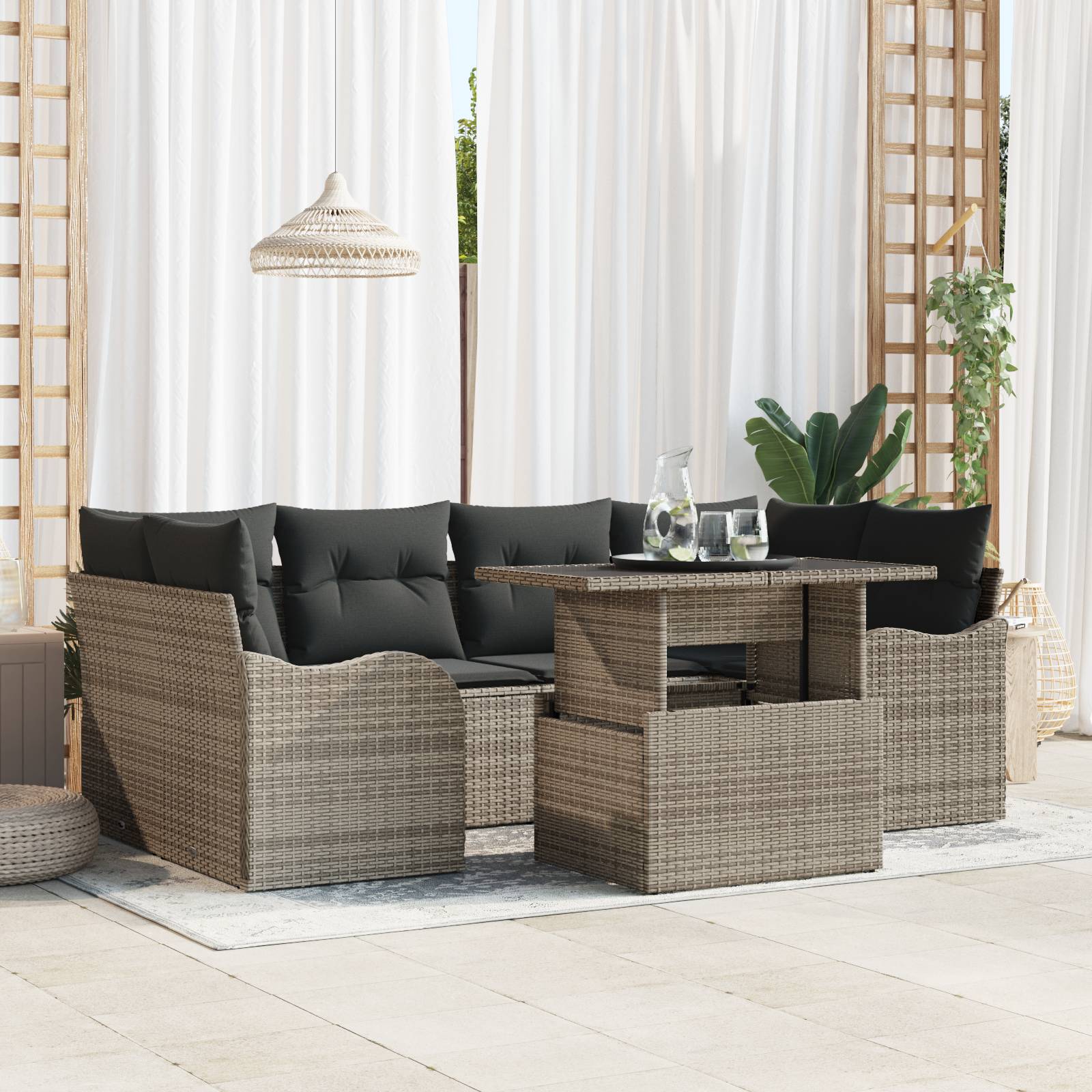 vidaXL 7-teiliges Garten Sofa Set mit Kissen Grau Poly Rattan