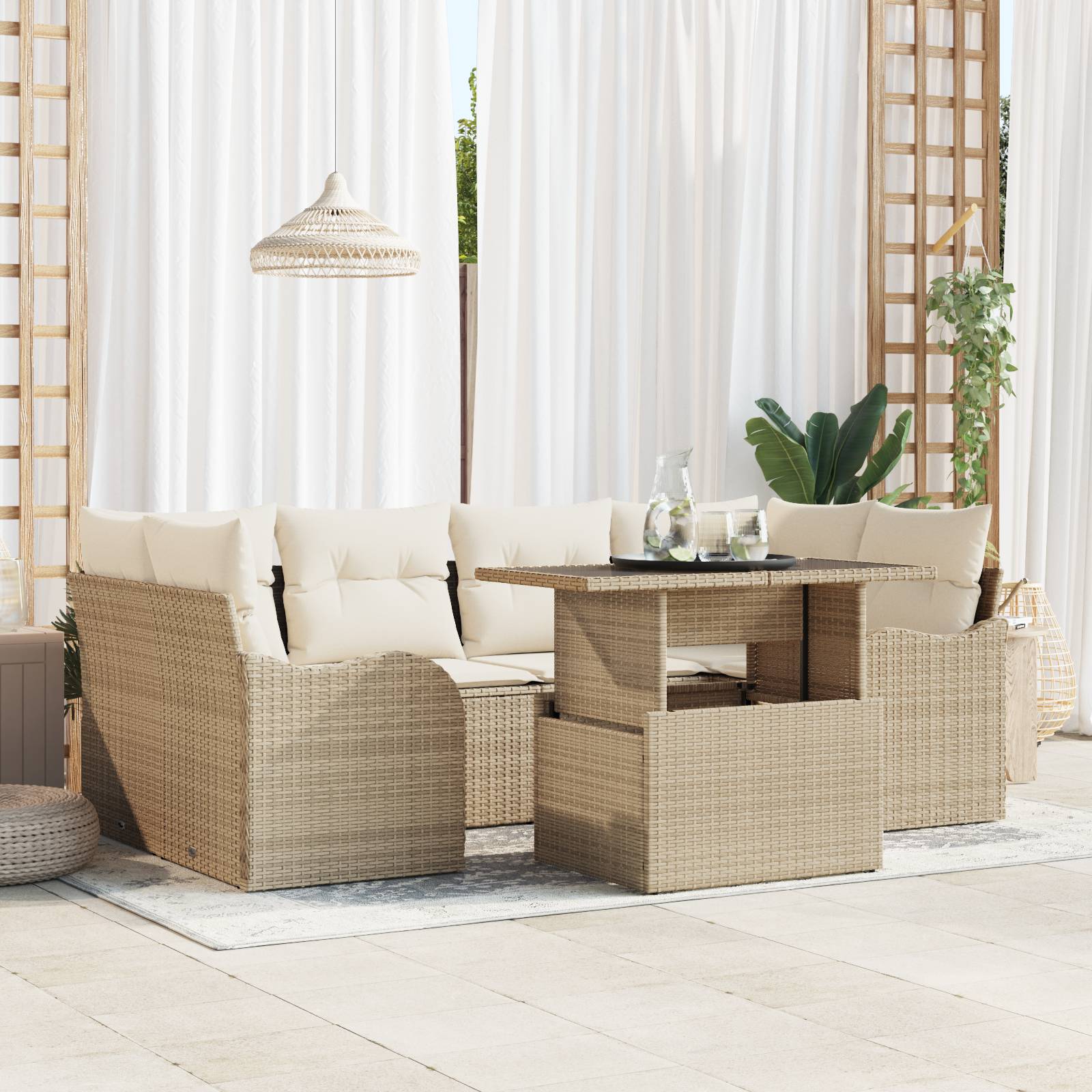 vidaXL 7-teiliges Garten Sofa Set mit Kissen Beige Poly Rattan