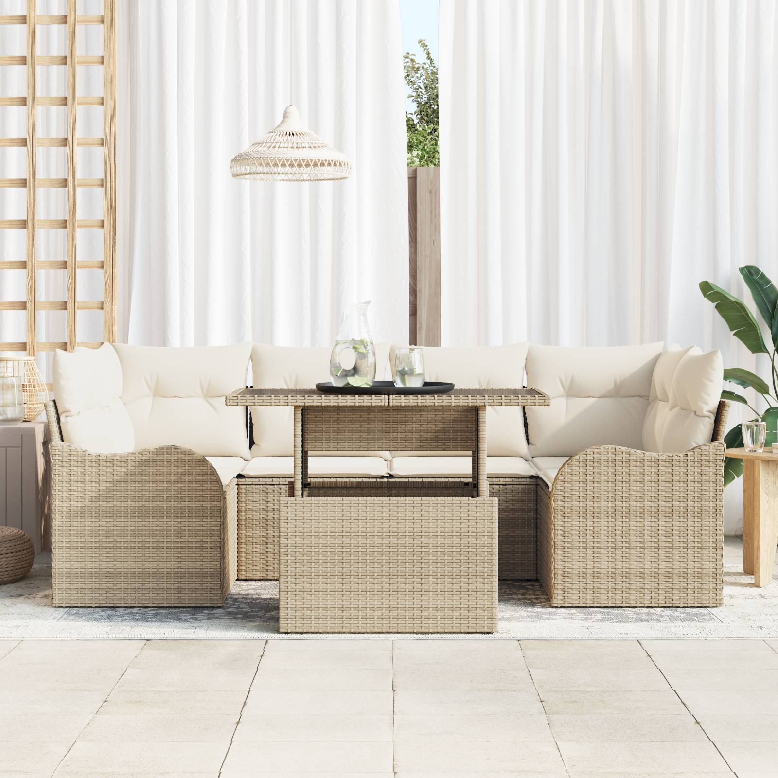 vidaXL 7-teiliges Garten Sofa Set mit Kissen Beige Poly Rattan