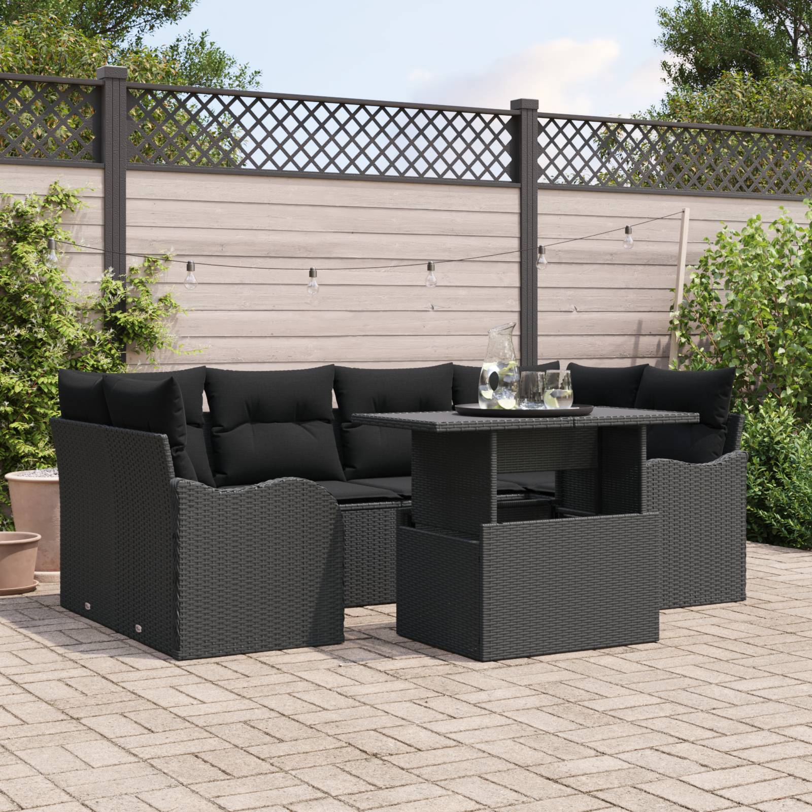 vidaXL 7-teiliges Garten Sofa Set mit Kissen Schwarz Poly Rattan