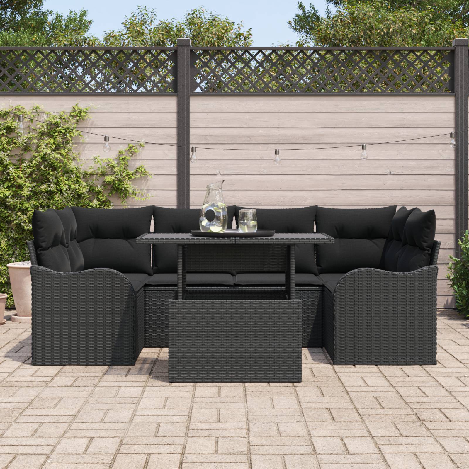 vidaXL 7-teiliges Garten Sofa Set mit Kissen Schwarz Poly Rattan