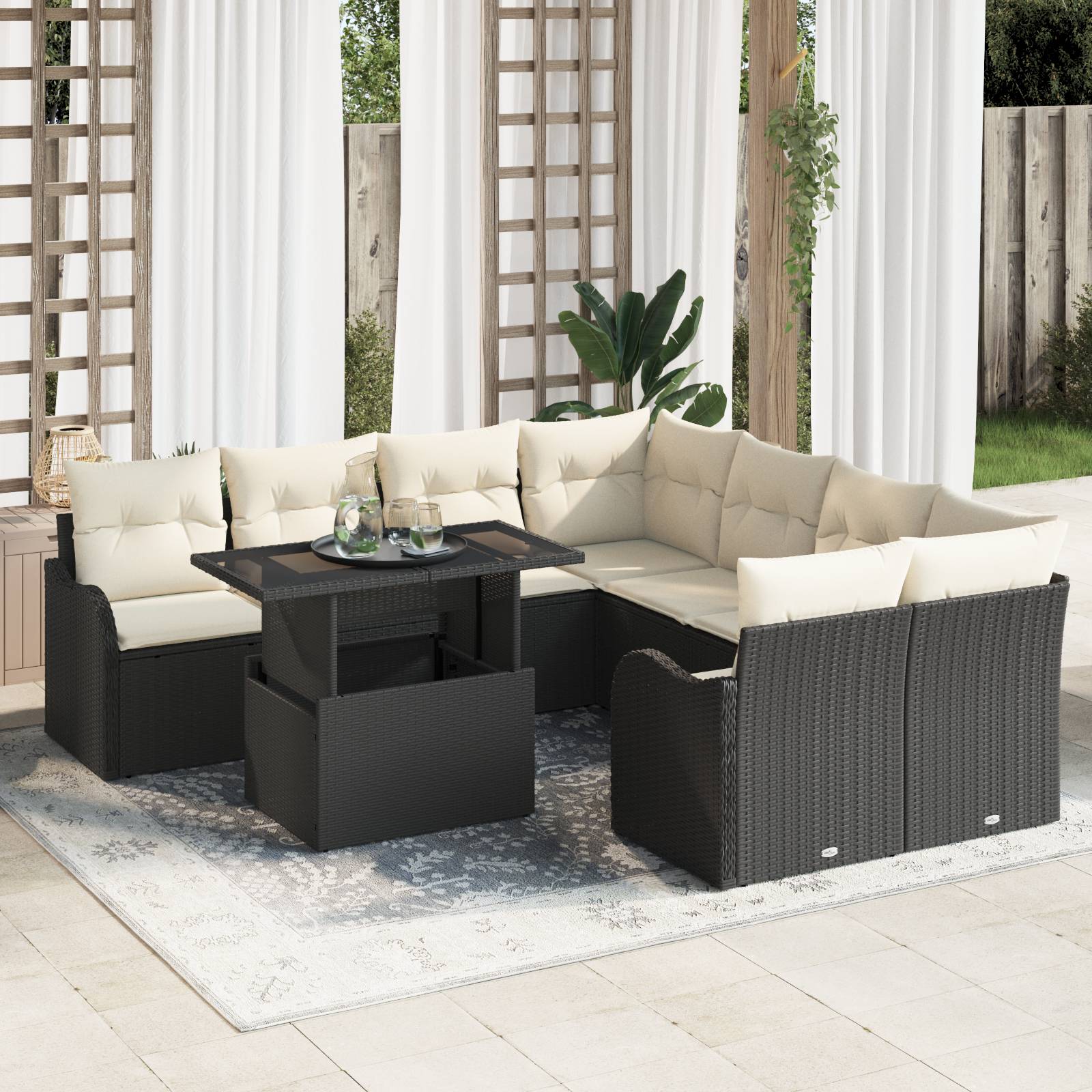 vidaXL 9-teiliges Garten Sofa Set mit Kissen Schwarz Poly Rattan