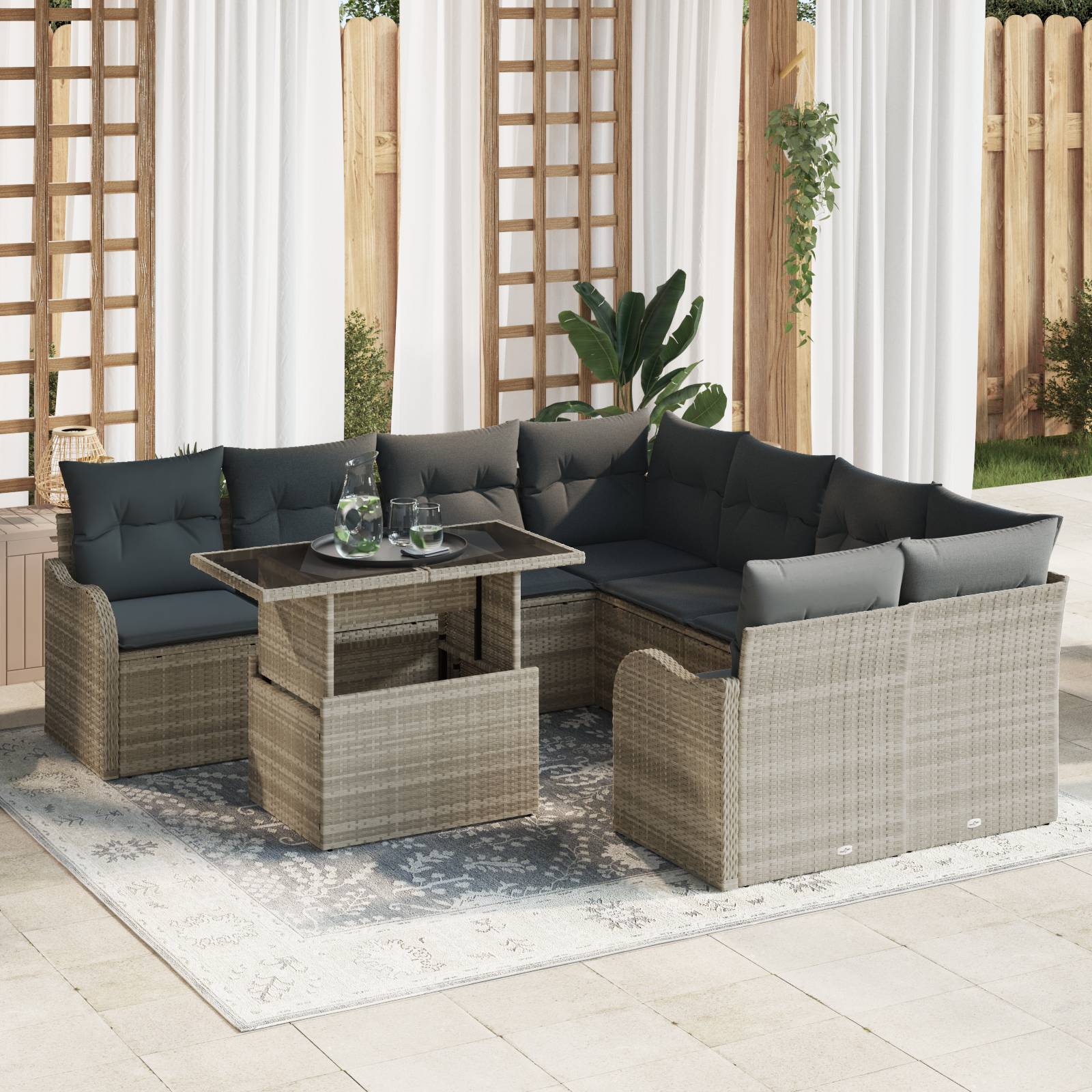 vidaXL 9-teiliges Garten-Sofa-Set mit Kissen Hellgrau Poly Rattan