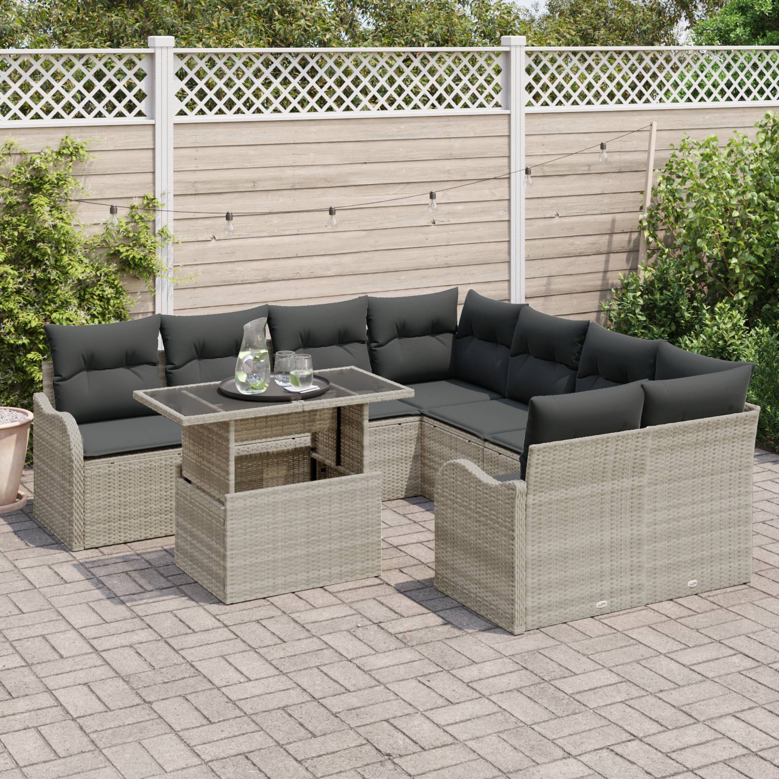 vidaXL 9-teiliges Garten-Sofa-Set mit Kissen Hellgrau Poly Rattan