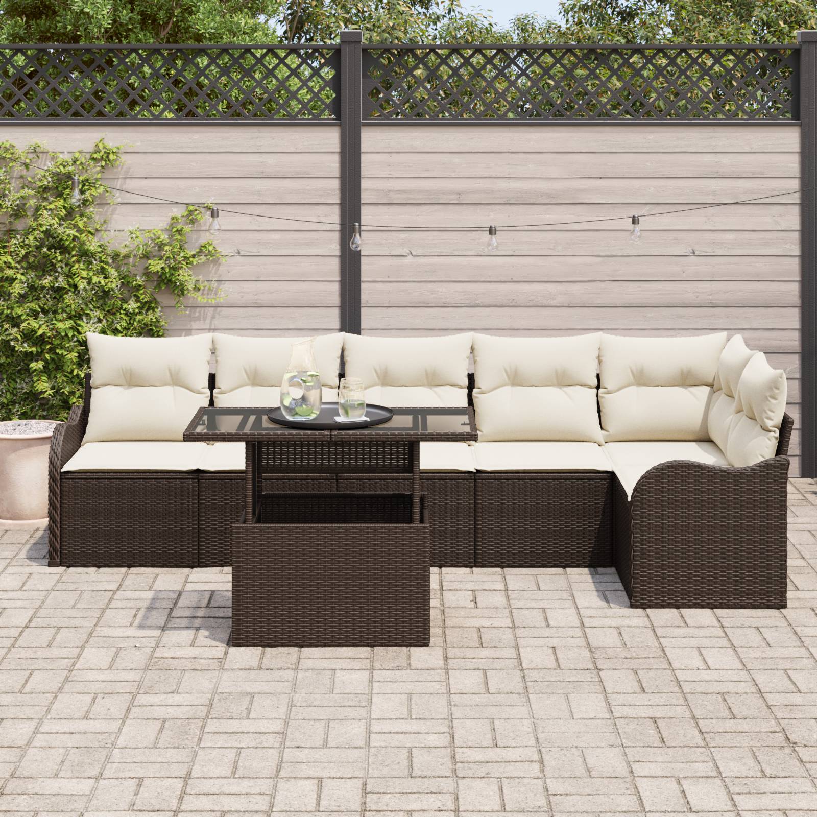 vidaXL 7-tlg. Garten-Sofagarnitur mit Kissen Braun Poly Rattan
