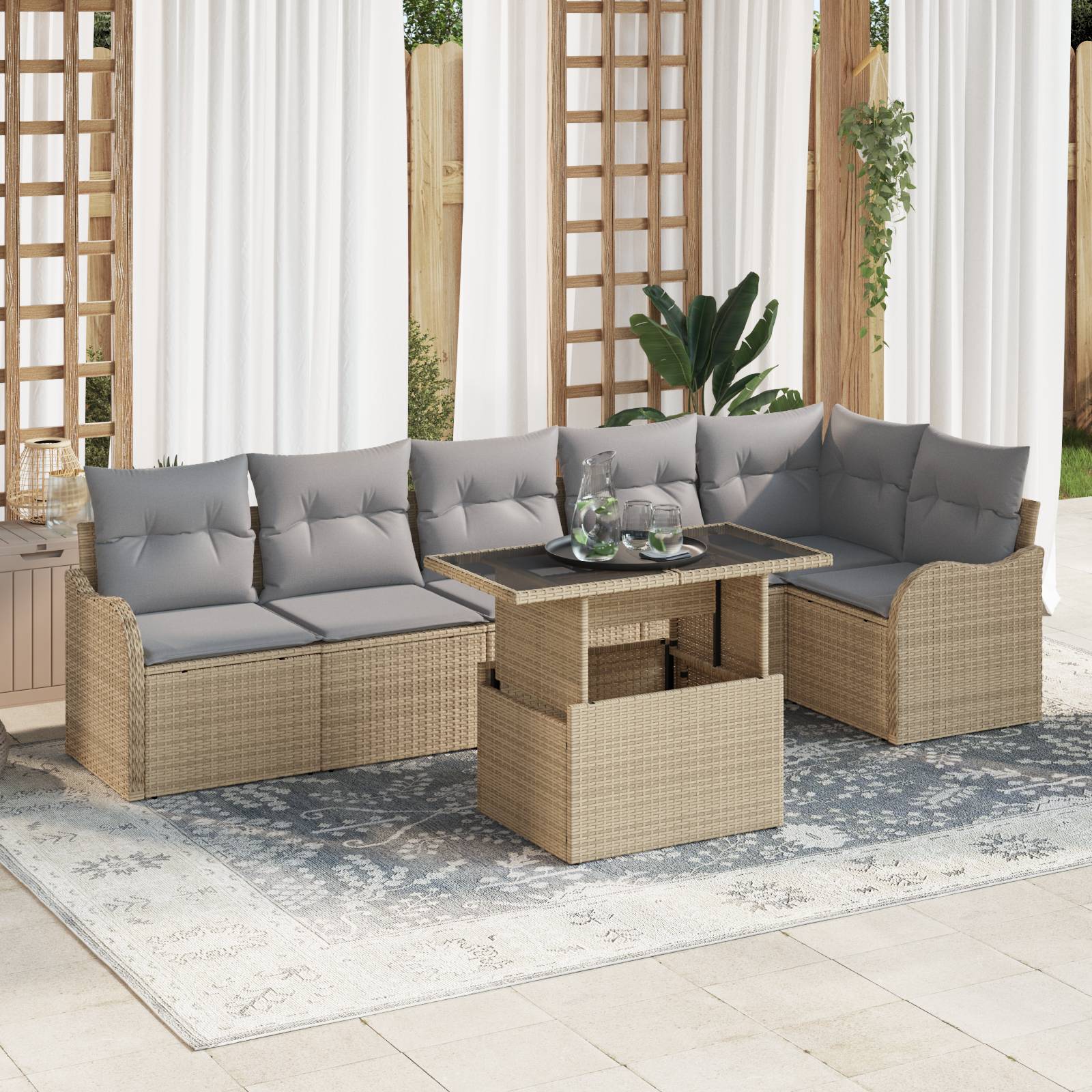 vidaXL 7-tlg. Garten-Sofagarnitur mit Kissen Beige Poly Rattan