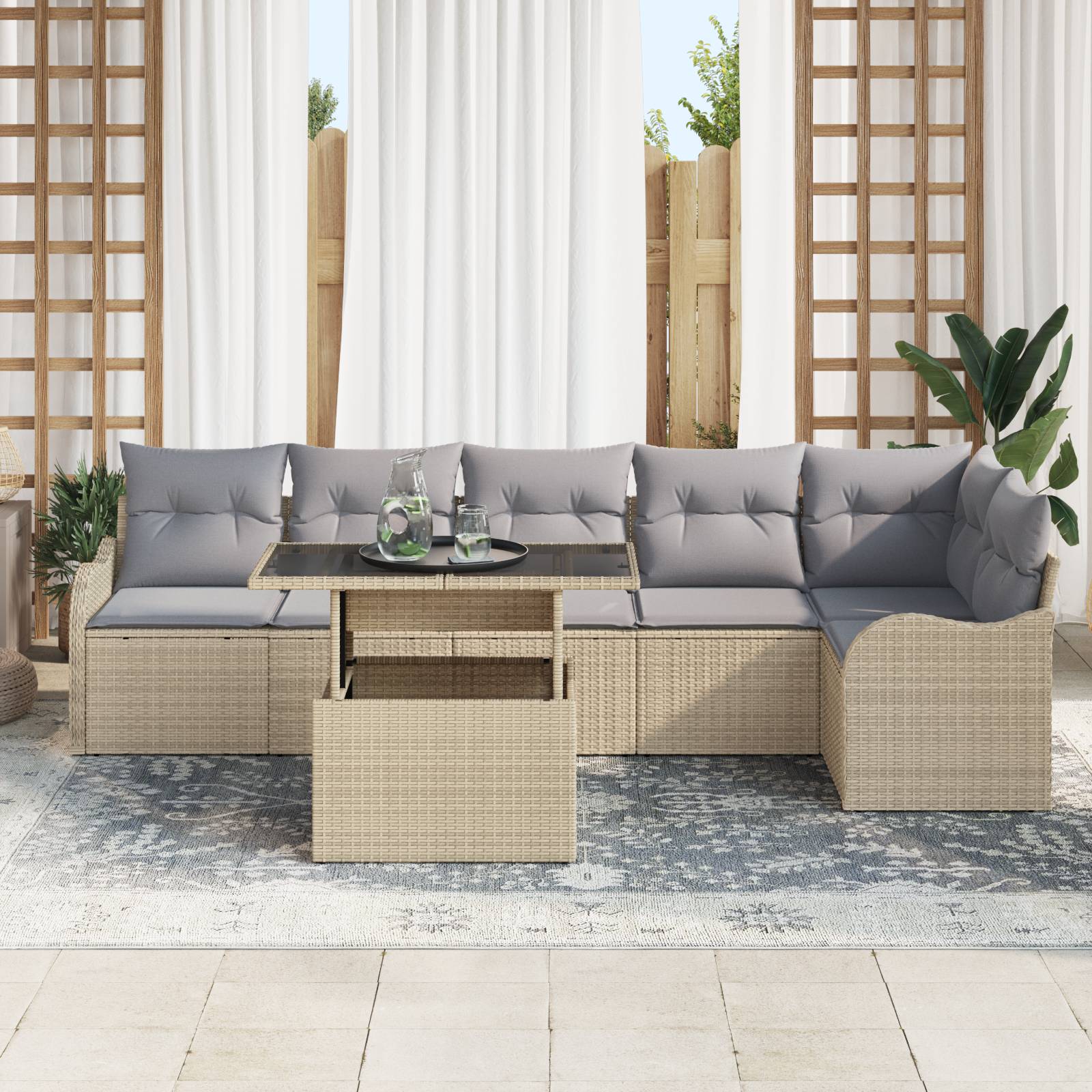 vidaXL 7-tlg. Garten-Sofagarnitur mit Kissen Beige Poly Rattan
